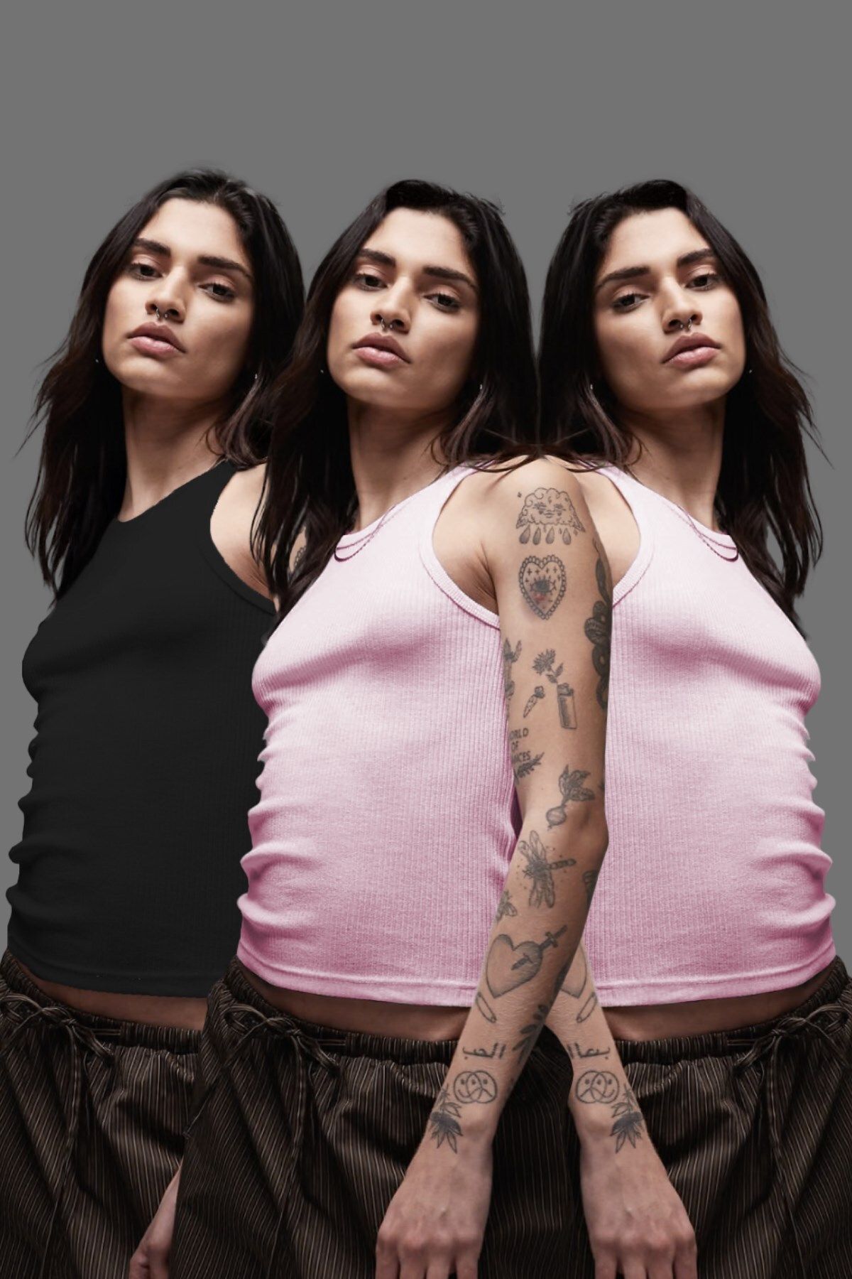 The Champ Clothing 3'lü Kadın Kaşkorse Atlet Takımı Siyah Pembe Pembe Renkli Ribana Atlet