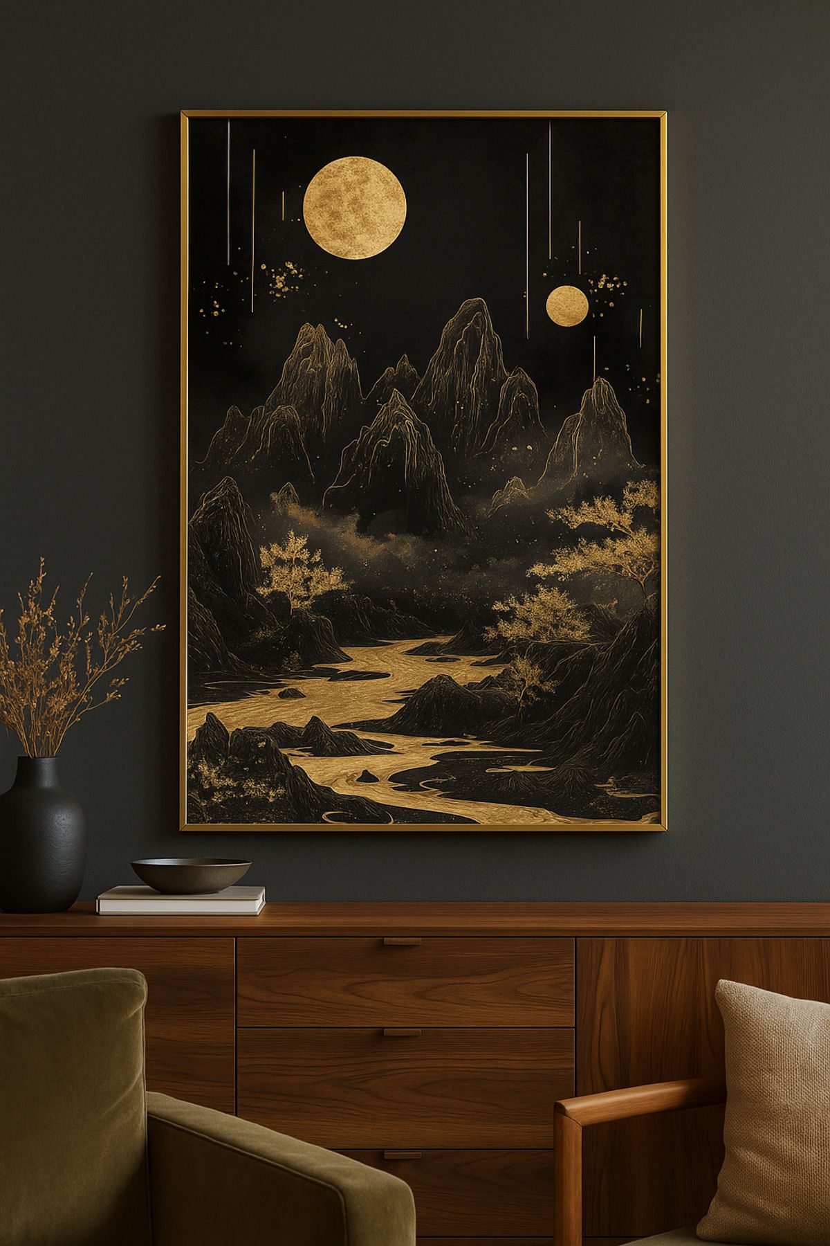 seninürünün Golden Nehir Modern Tekli Tablosu - Gerçek Cama Baskı Gold Alüminyum Metal Çerçeveli
