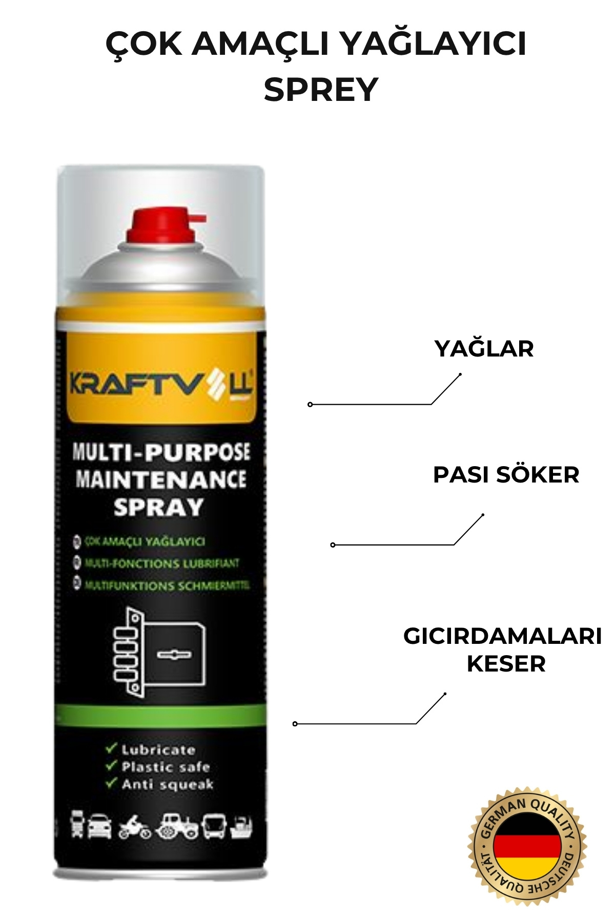 Kraftvoll Çok Amaçlı Pas Sökücü Yağlayıcı Koruyucu Sprey 200 ML