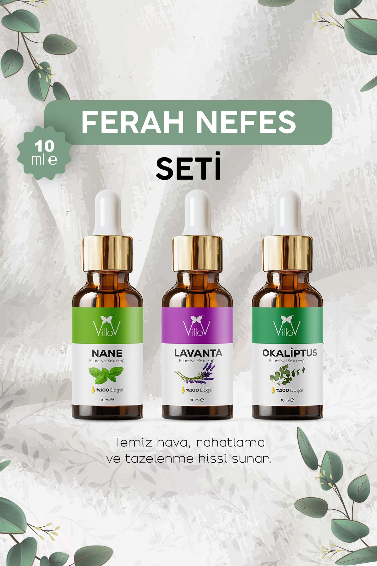 Villov 3'lü Lavanta, Nane, Okaliptüs Esansiyel Uçucu Yağı Buhurdanlık Yağı Aromatereapi Difüzör Yağı Seti