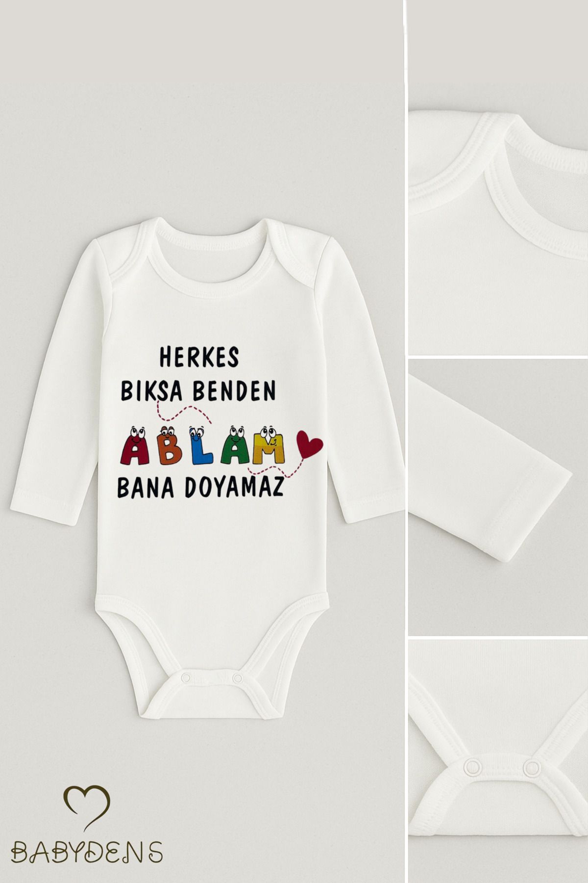 BABYDEN'S “Ablam Bana Doyamaz” Yazılı Uzun Kollu Bebek Body Çıtçıtlı %100Pamuk Zıbın 0-24 Ay Unisex Bebek Body