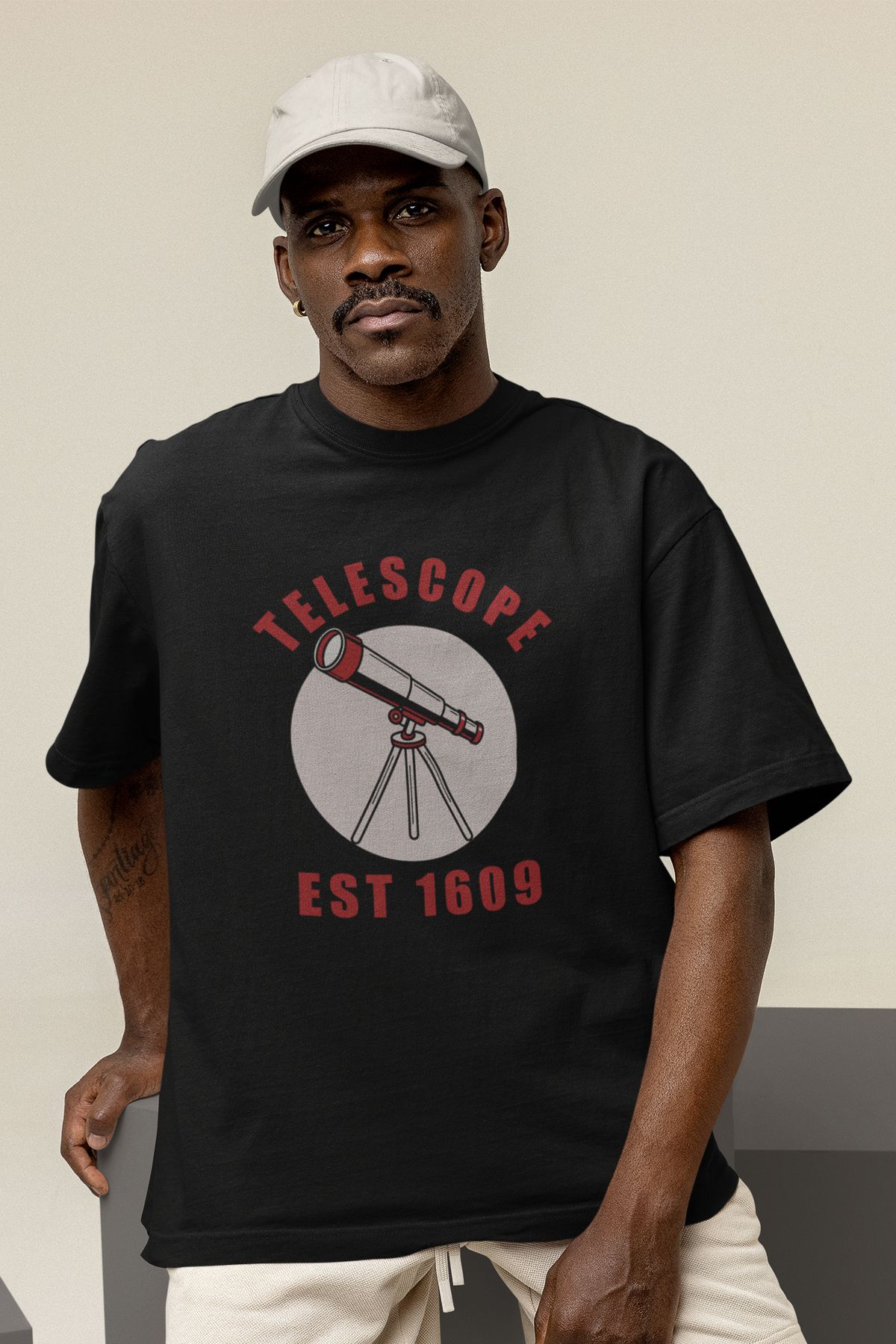 Uniquetex NUBENSE / TELAR-08 - Oversize Unisex Teleskop Baskılı Siyah Bisiklet Yaka T-shirt (Bilim Tişört)