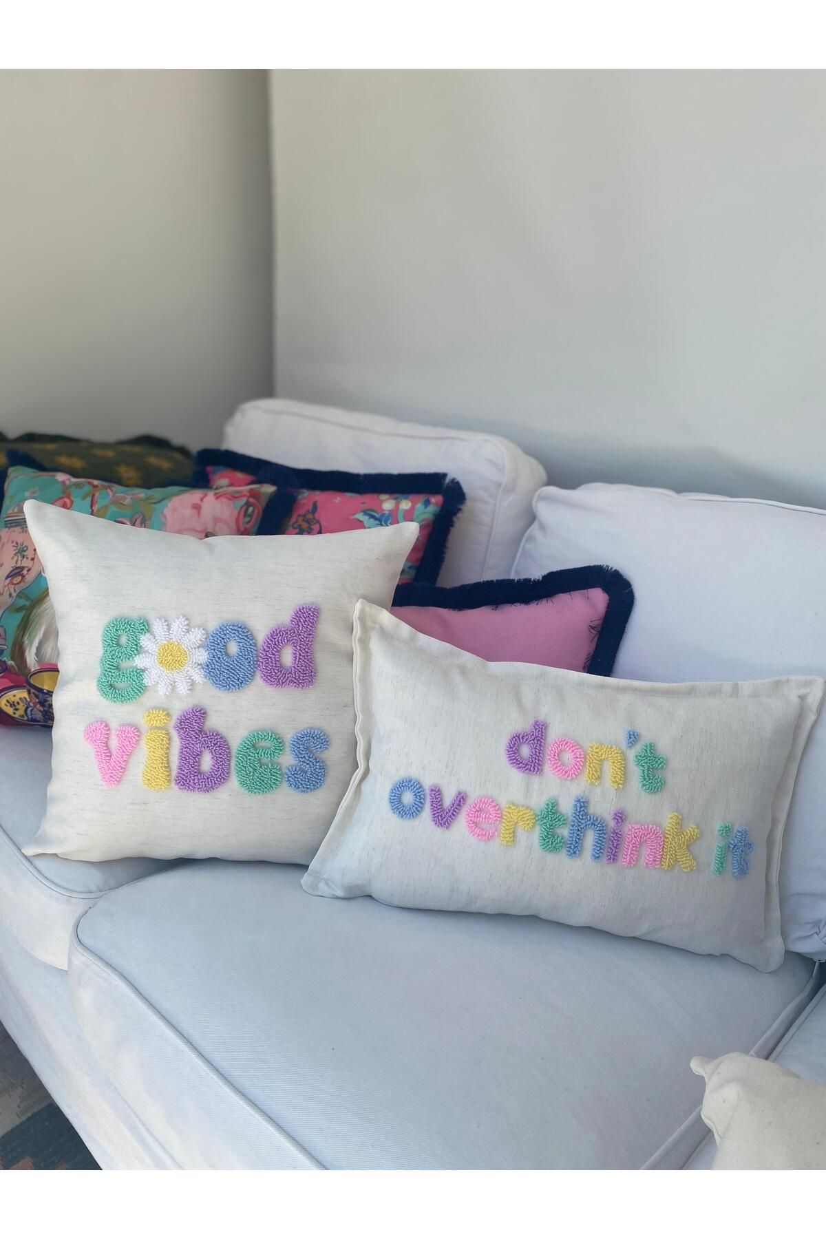 RahanDesign Good Vibes - Dont Overthink It Yazılı Punch İşlemeli 2li Kırlent Kılıfı Seti - Punch Kırlent Kılıfı
