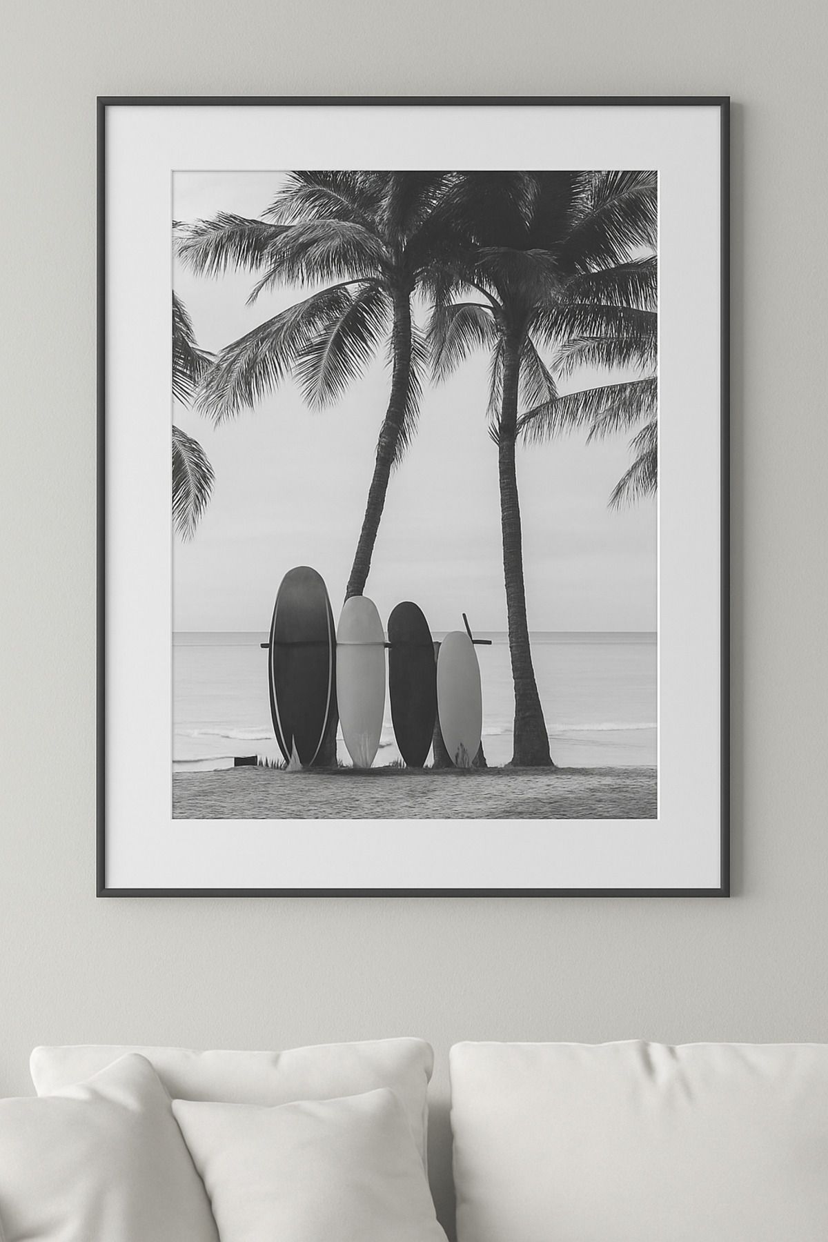 seninürünün Surfboard Beach Modern Tekli Tablosu - Gerçek Cama Baskı Siyah Alüminyum Metal Çerçeveli