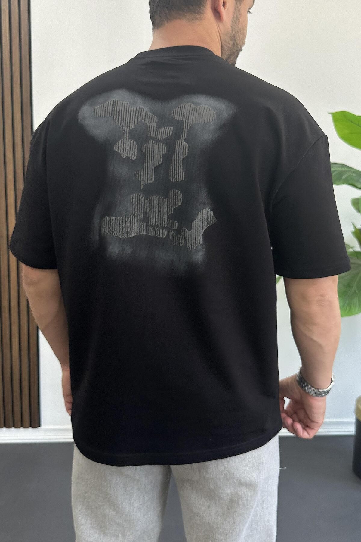 Edwox Erkek Kabartmalı Sırt Baskılı Oversize Tişört Siyah Edw390