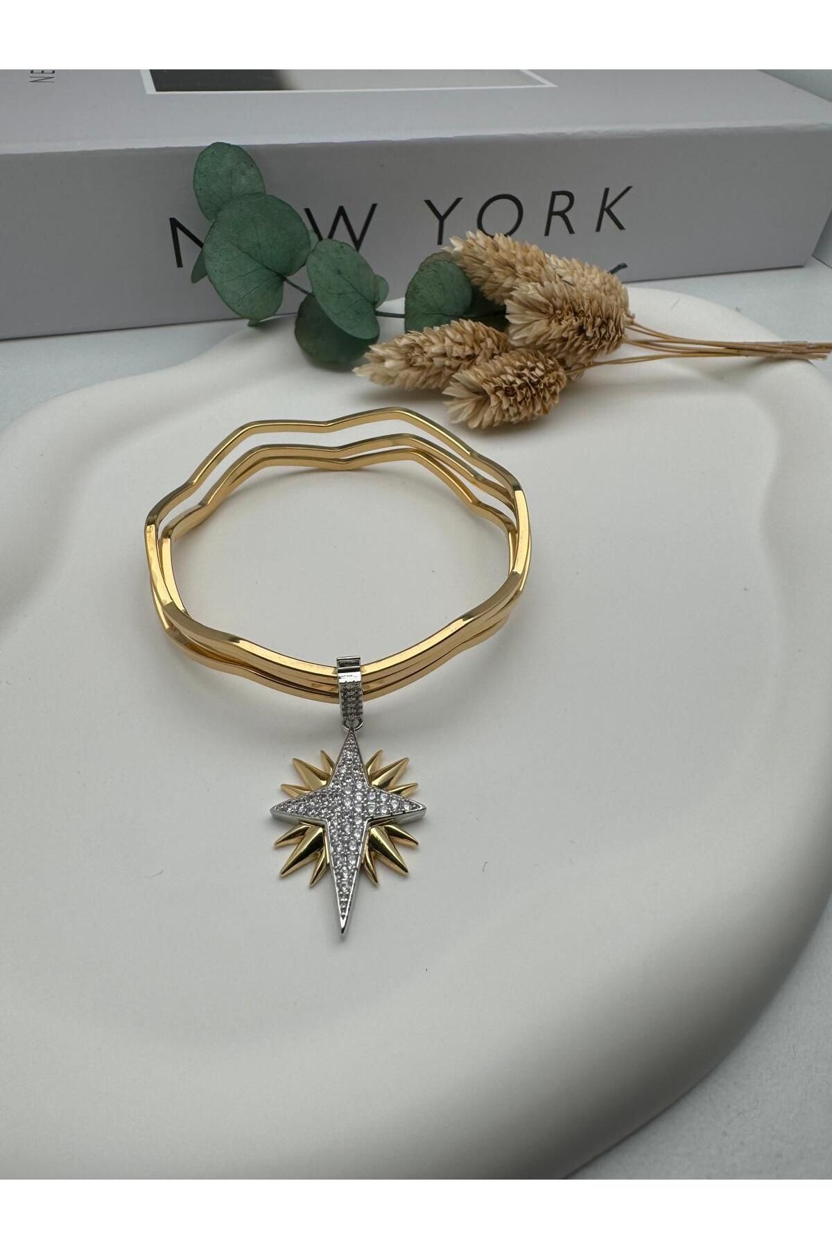 ENEFENDİ Charmlı Zigzag Ajda Çelik Bilezik (Gold) 22054