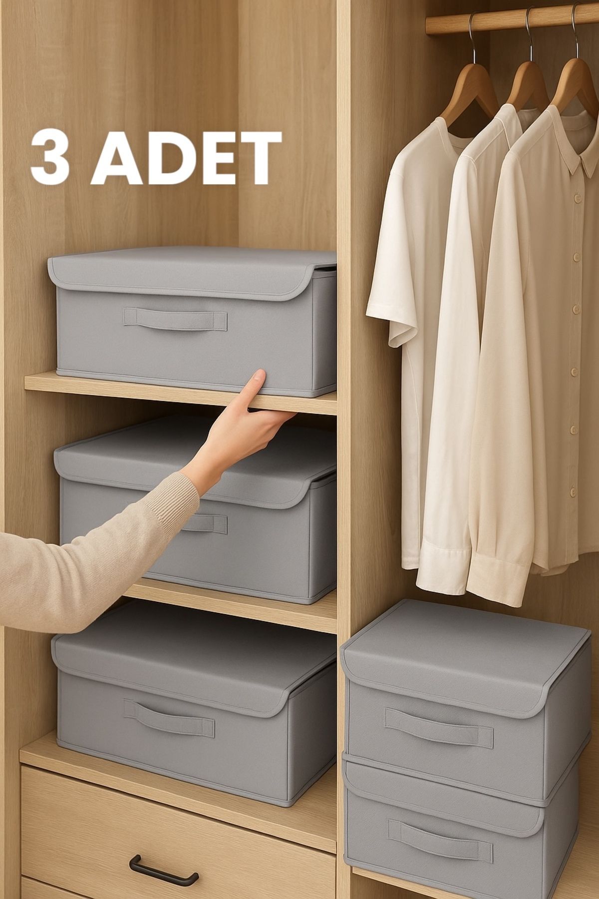 ON-ARS TEKSTİL 3 Adet Gri Çok Amaçlı Dolap Içi Çamaşır Oyuncak Düzenleyici Kapaklı Baza Altı Kutu Hurç 50x40x19 Cm