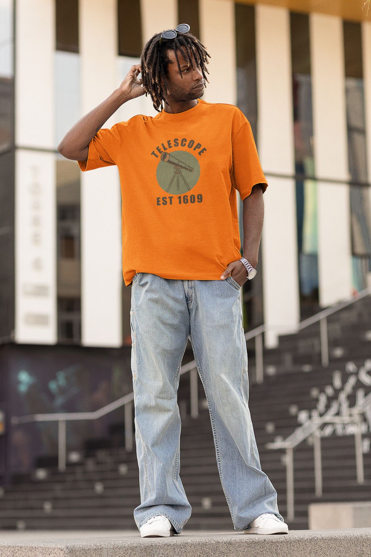 Uniquetex NUBENSE / TELAR-03 - Oversize Unisex Teleskop Baskılı Turuncu Bisiklet Yaka T-shirt (Bilim Tişört)