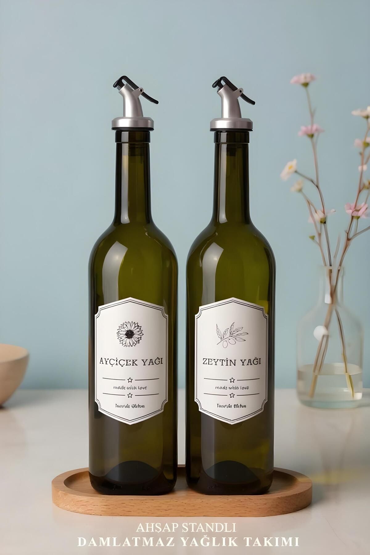 Justyol 2'li 750 ml Cam Yağlık Seti – Ahşap Standlı Amber Zeytinyağı Şişesi