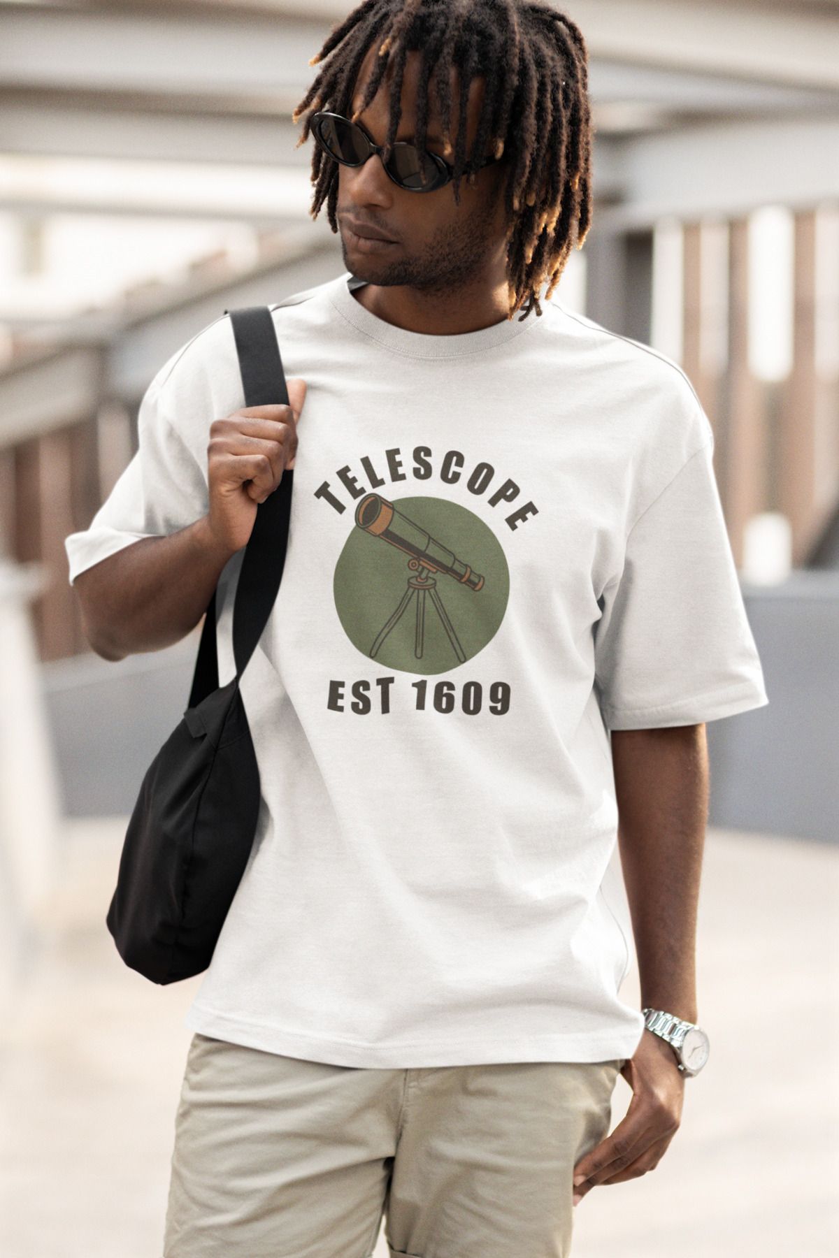 Uniquetex NUBENSE / TELAR-01 - Oversize Unisex Teleskop Baskılı Beyaz Bisiklet Yaka T-shirt (Bilim Tişört)