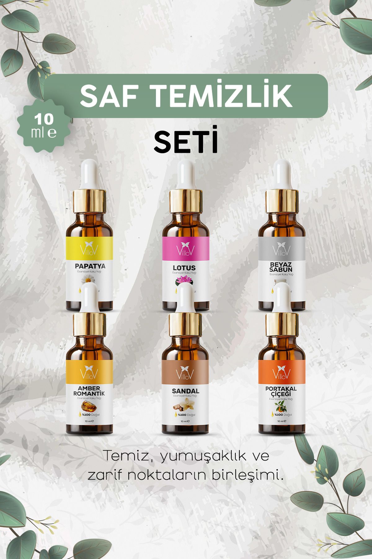 Villov 6'lı Saf Temizlik Seti Esansiyel Uçucu Yağı Buhurdanlık Yağı Aromatereapi Difüzör Yağı Seti