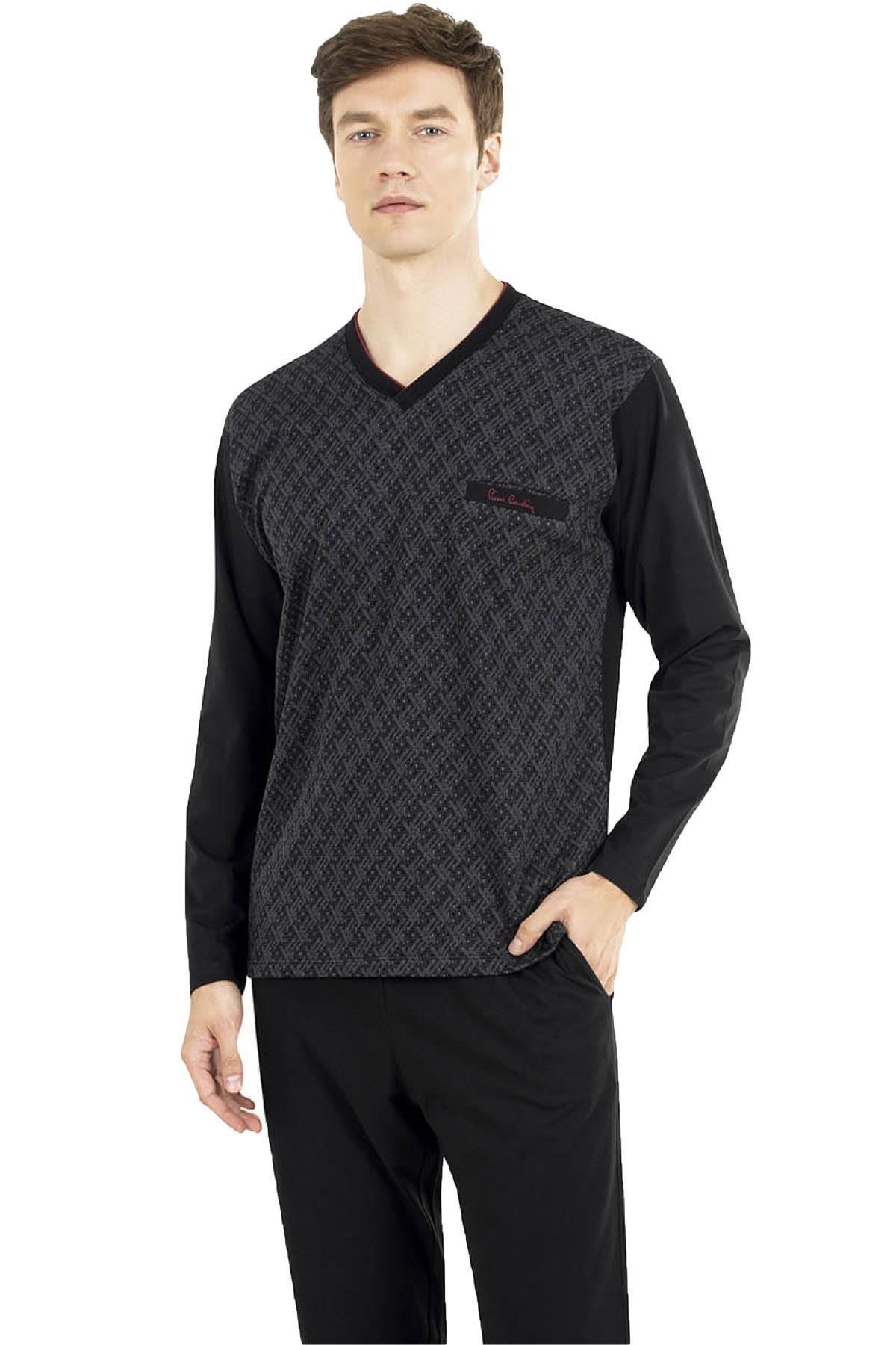 Pierre Cardin %100 Pamuk V Yaka Erkek Pijama Takım, Jakarlı, Uzunkollu, Kutulu