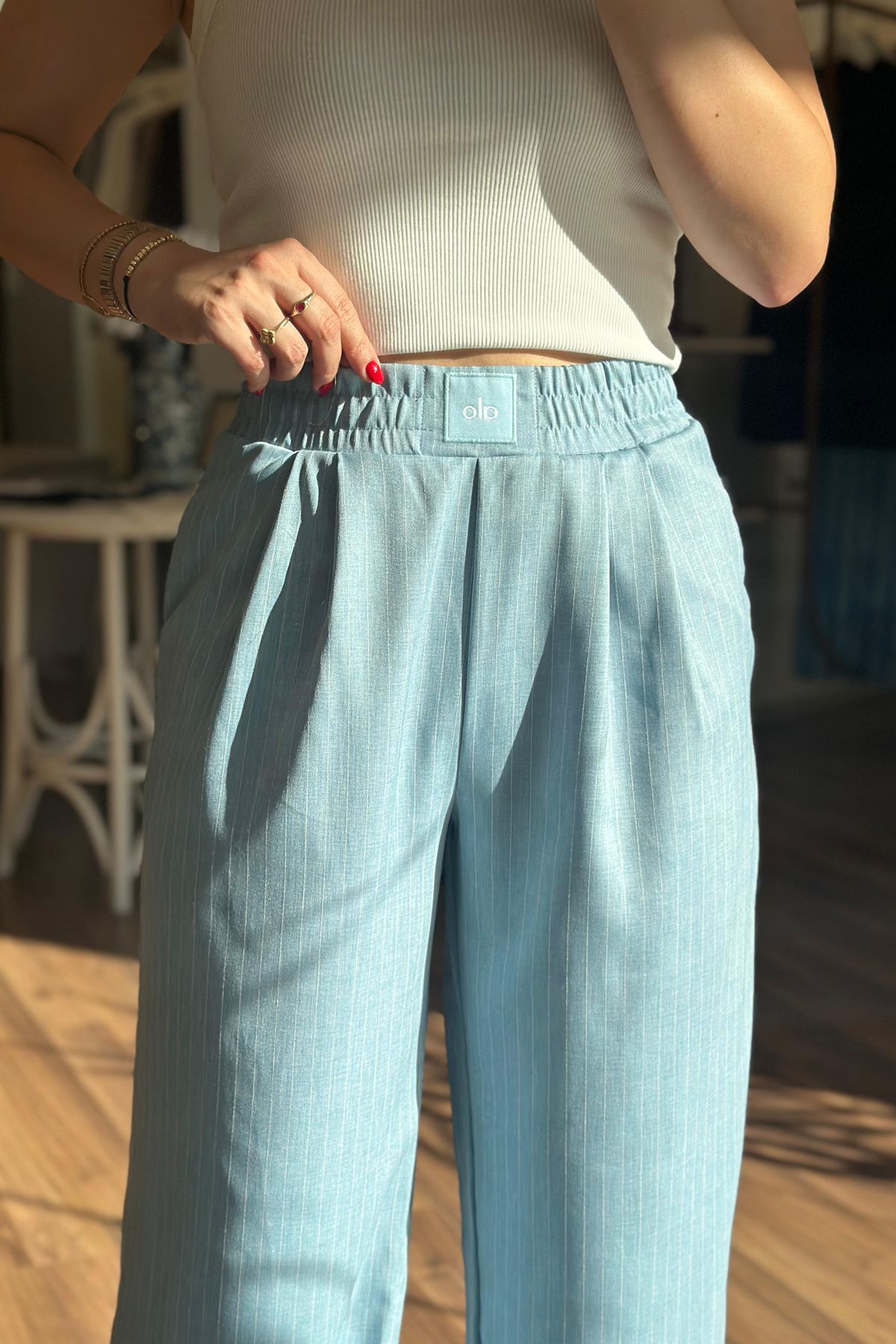 Unique Boutique Mavi Yüksek Bel Çizgili Pantolon