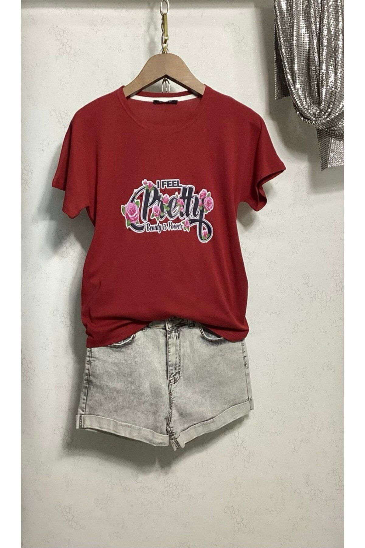 Wiges Kadın Bisiklet Yaka Desenli Özel Tasarım T-shirt
