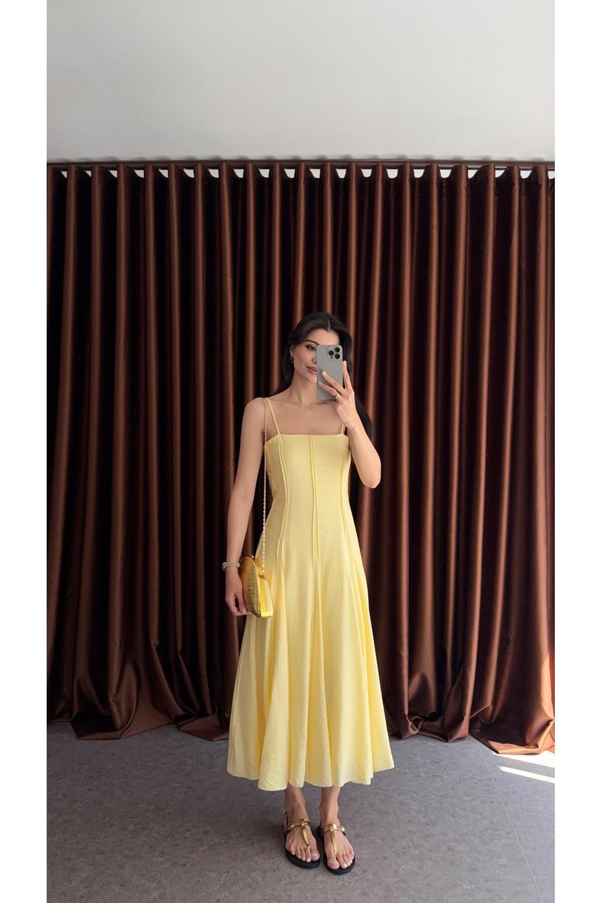 HAZELANNA Çift Dikişli Askılı Sarı Elbise