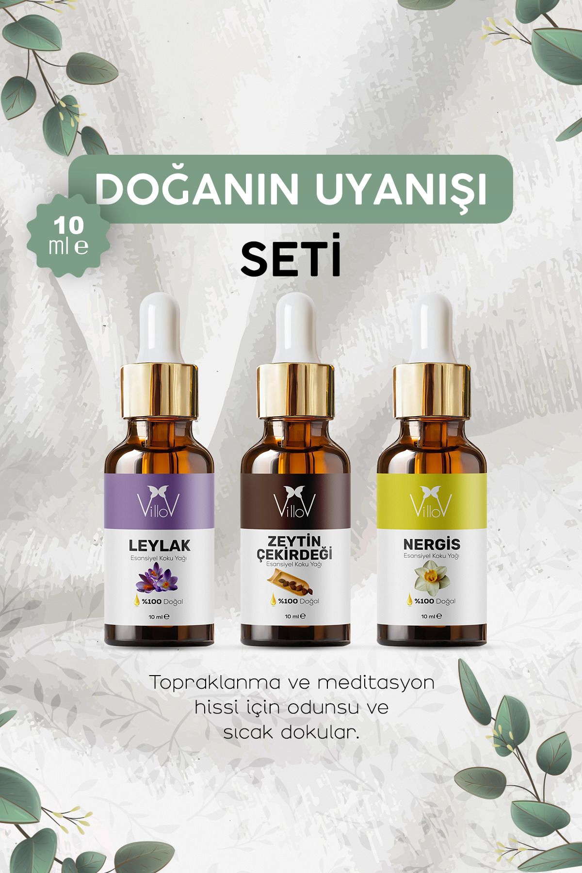 Villov 3'lü Nergis, Leylak, Zeytin Çekirdeği Esansiyel Uçucu Yağ Buhurdanlık Yağ Aromatereapi Difüzör Seti