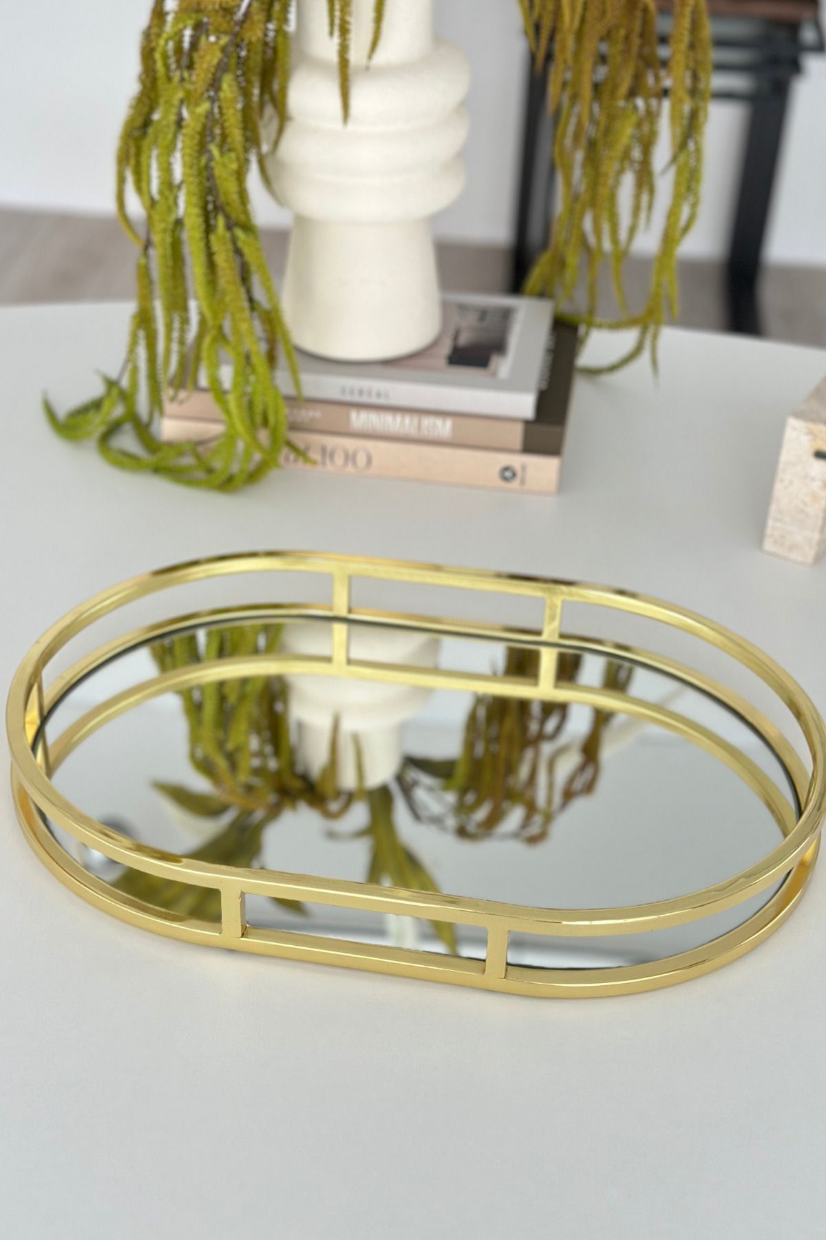Shura Homeware Metal Gold Oval Tepsi Aynalı Dekoratif Tepsi Sunum Tepsisi