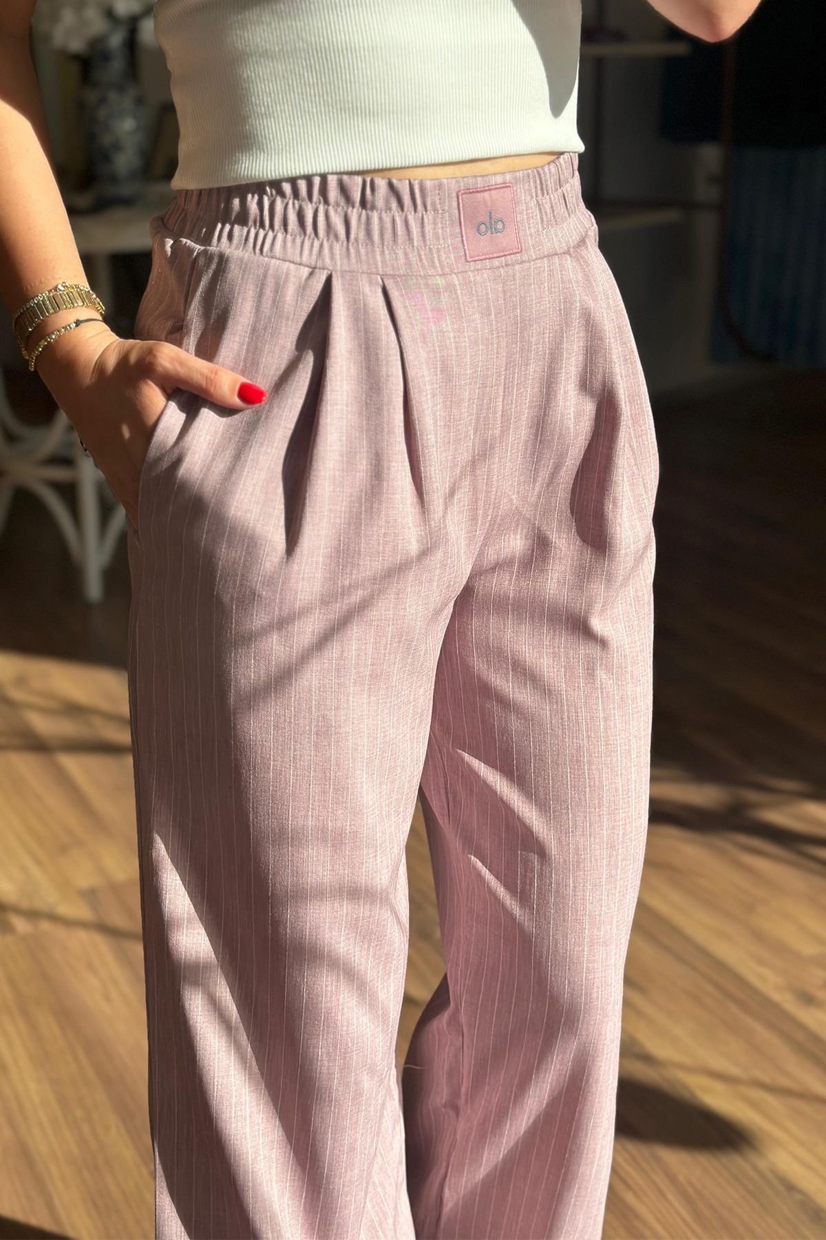 Unique Boutique Pembe Yüksek Bel Çizgili Pantolon