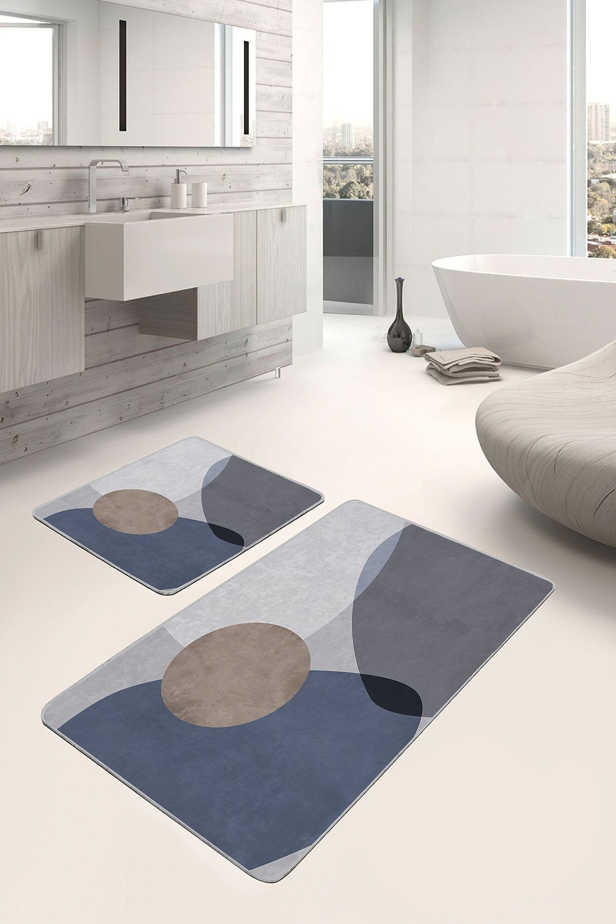 Realhomes Kahverengi- Mavi Zeminde Kanvas Motifli Modern Sanat Bohem Sade Şık 2'li Banyo Mutfak Paspas Takımı