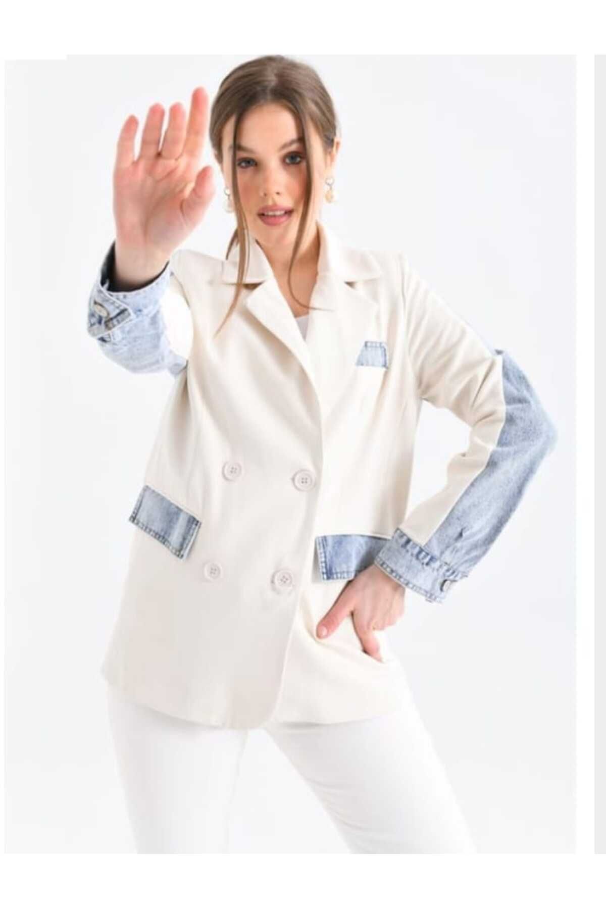 dibcollectionn Kot Detaylı Krem Kadın Blazer Ceket