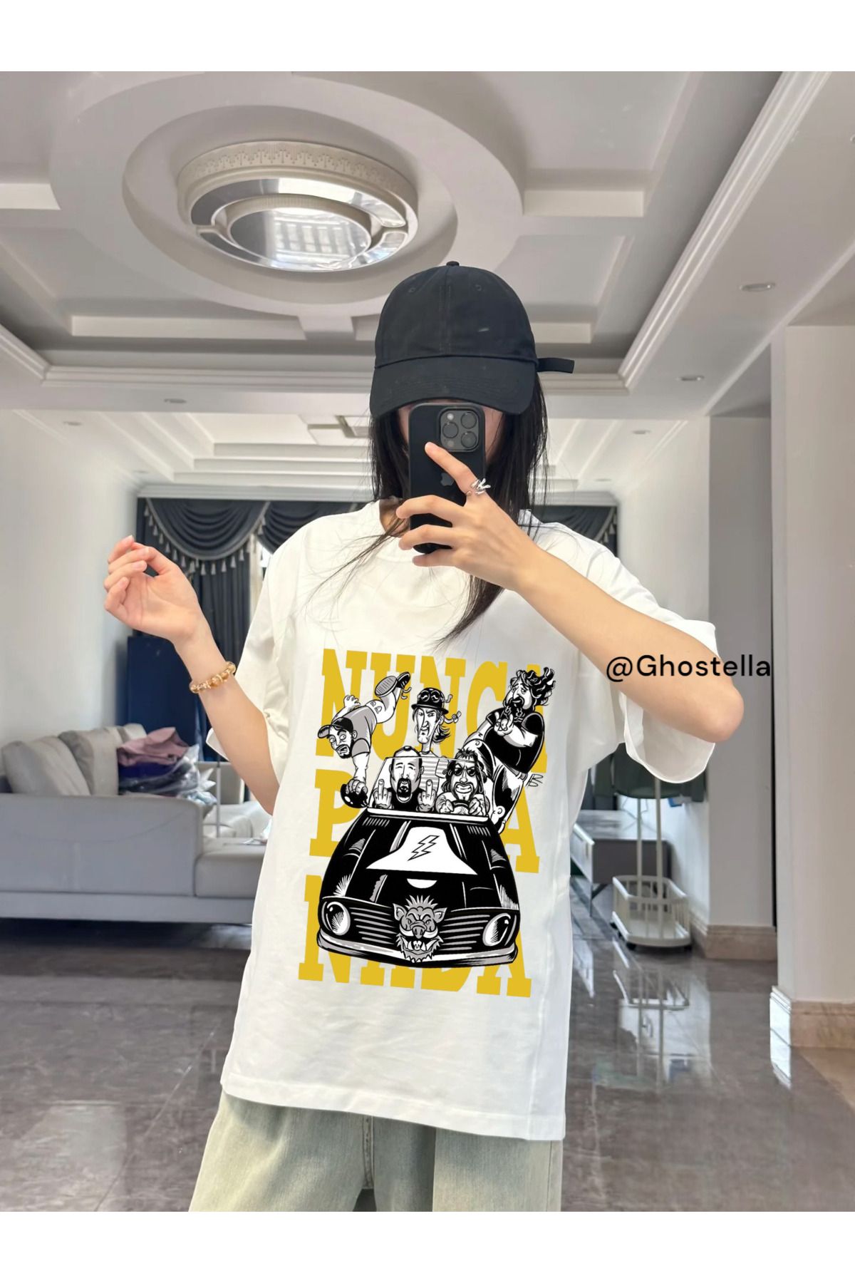 Minga London Bej Yellow Car Baskılı Oversize Unisex Tshirt - Ghostella