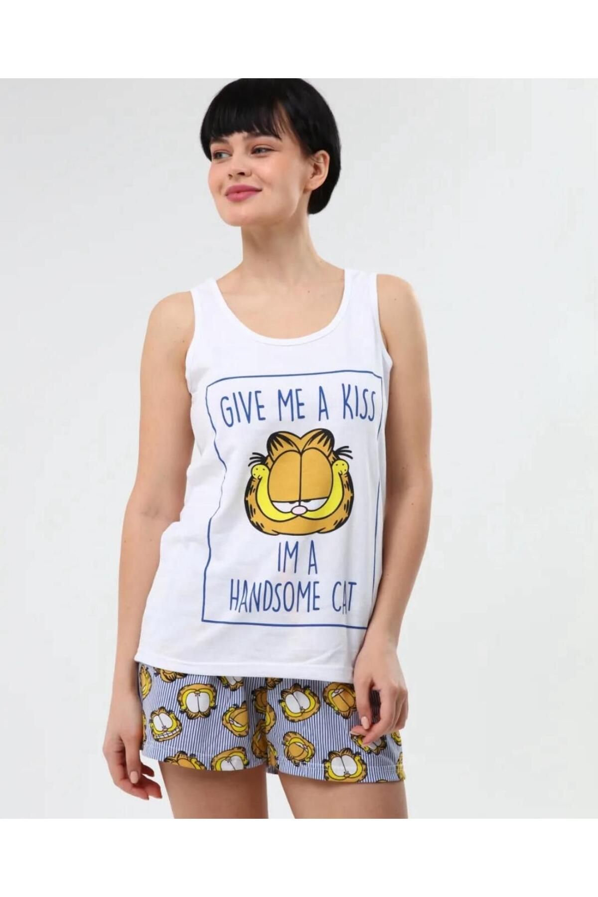 VibeGaia Kadın Beyaz Garfield Baskılı Atlet ve Şort Pijama Takımı