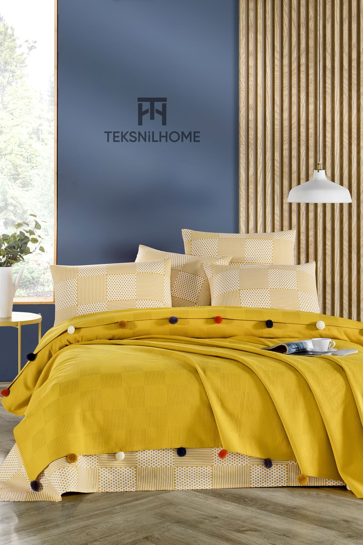 TeksNil Home %100 Pamuk Hardal Ponponlu Pike Takımı 3 Parça (Pike,Çarşaf,Yastık Kılıfı)