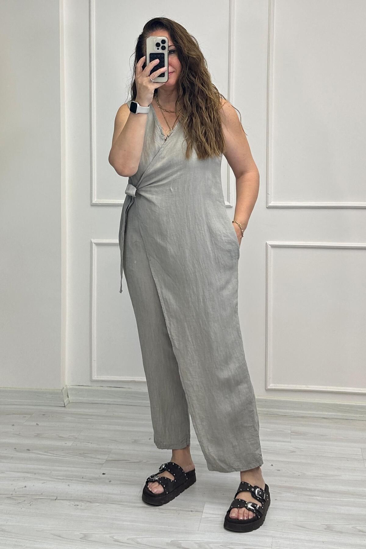 Mine Sabuncuoğlu Jennifer Ön Bağlamalı Keten Tulum Taş