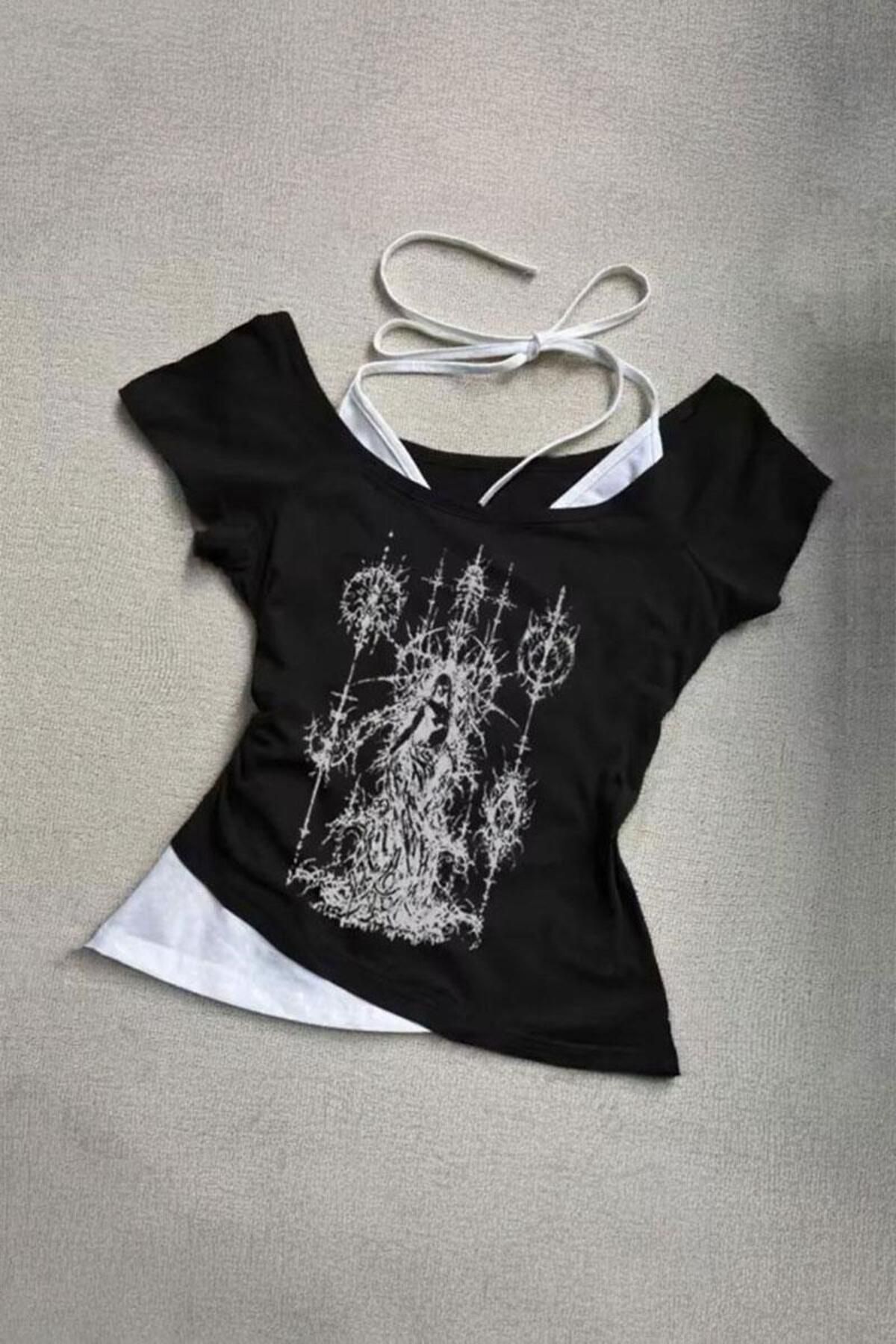 1blood Gotik Wizard Angel Beyaz Ekli Y2K Kısa Kollu Crop