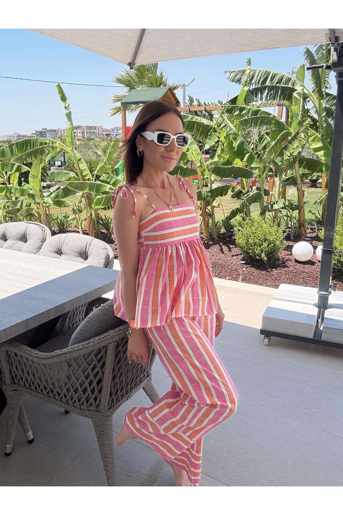 X-Young Bol Paça Çizgili Pantolon PEMBE