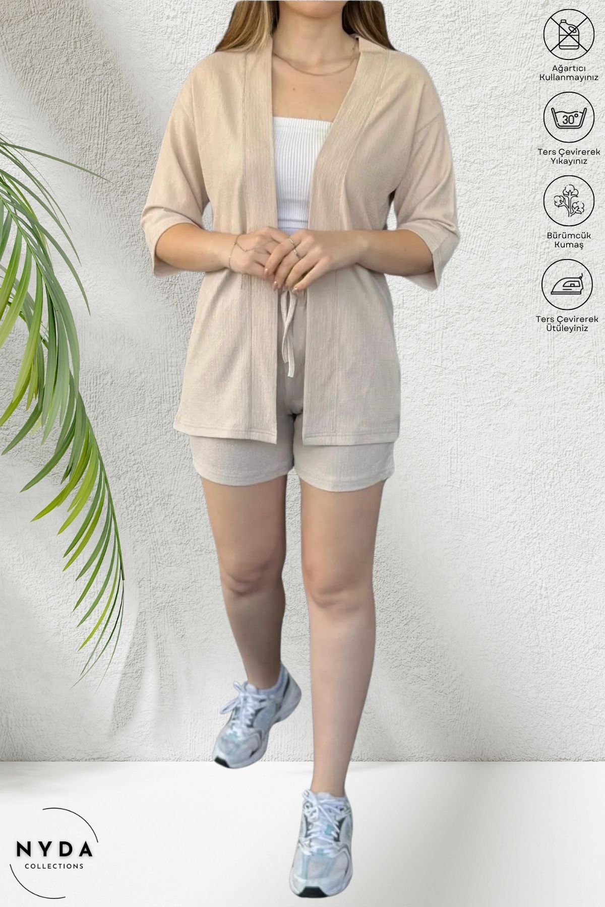 Nyda Collections Kadın Bürümcük Kumaş Yazlık Likralı Lastikli Bel Şort ve Kimono Takım