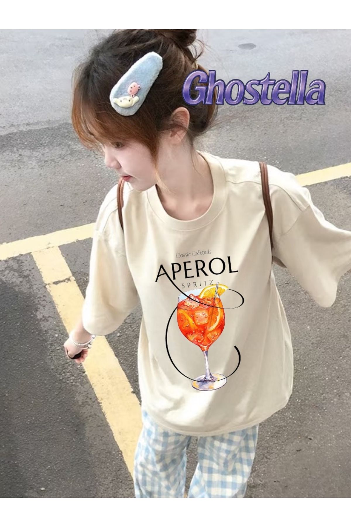 Minga London Bej Aperol Spritz Drink Baskılı Oversize Unisex Tshirt - Ghostella