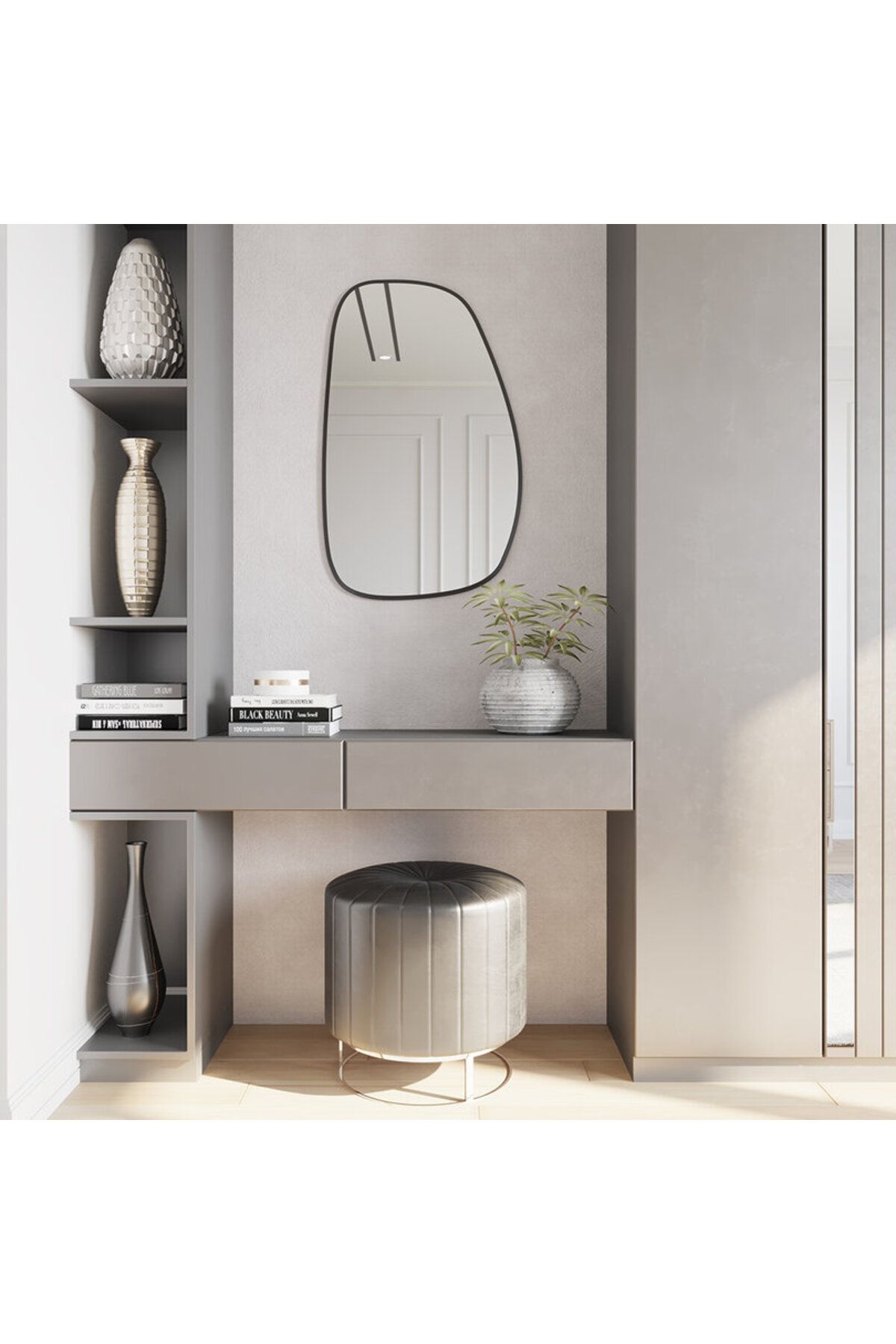 Aypars Atölye Asimetrik Banyo Aynası – Siyah Çerçeveli Duvar Tipi Ayna, Modern Skandinav Tarz