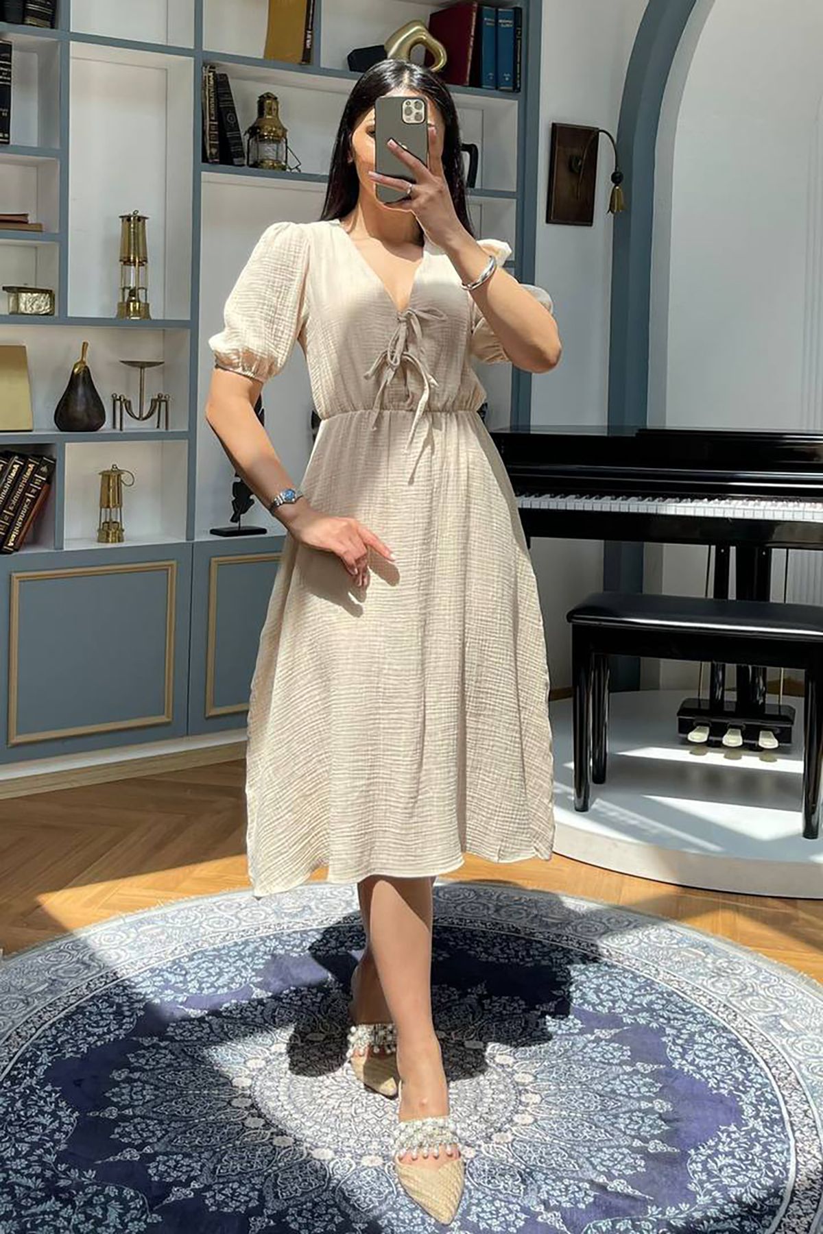 Neşeli Butik kadın bej müslin kumaş yazlık elbise NBMY3753