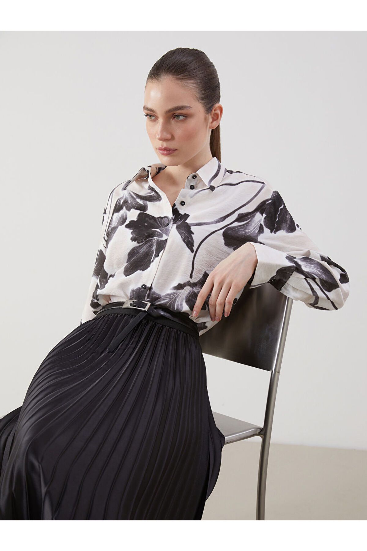 LC Waikiki Ekru Loose Fit Desenli Kadın Gömlek