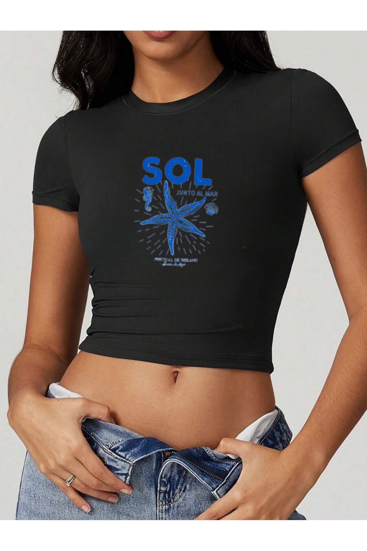 OVER HEAD Kadın Sol Junto Al Mar Baskılı Baby Tee Crop T-shirt