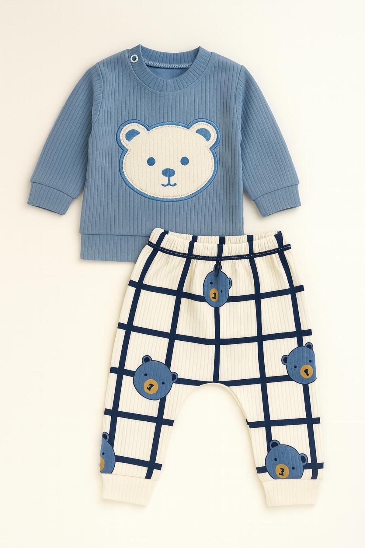 LITTLE&CO Erkek Bebek 0-24 Ay Ribana Kumaş &100 Pamuk Ayıcık Desenli İki Takımı