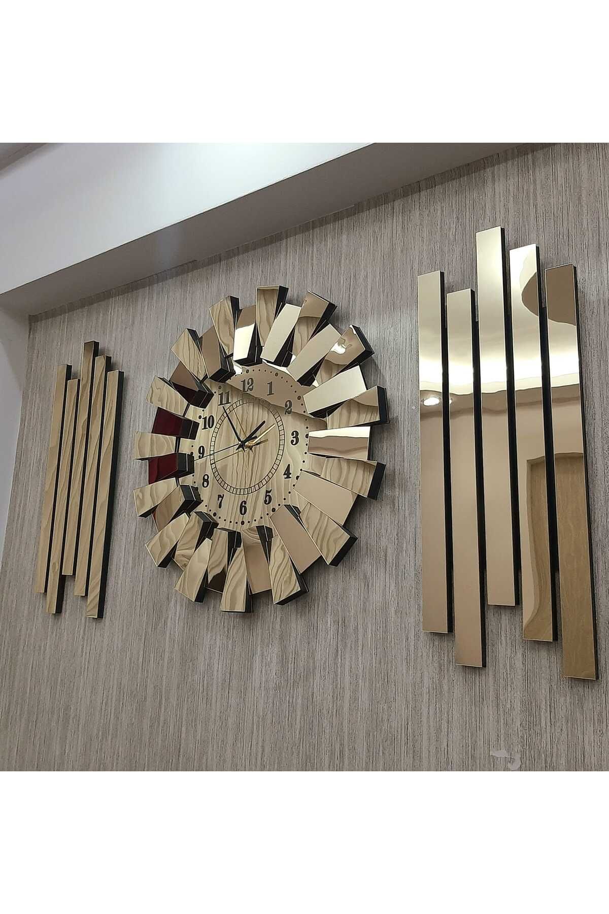 TUĞBArt Piyano Model 3lü Duvar Saati Lambiri Yan Dekor Gold Türk Rakam Büyük Yeni