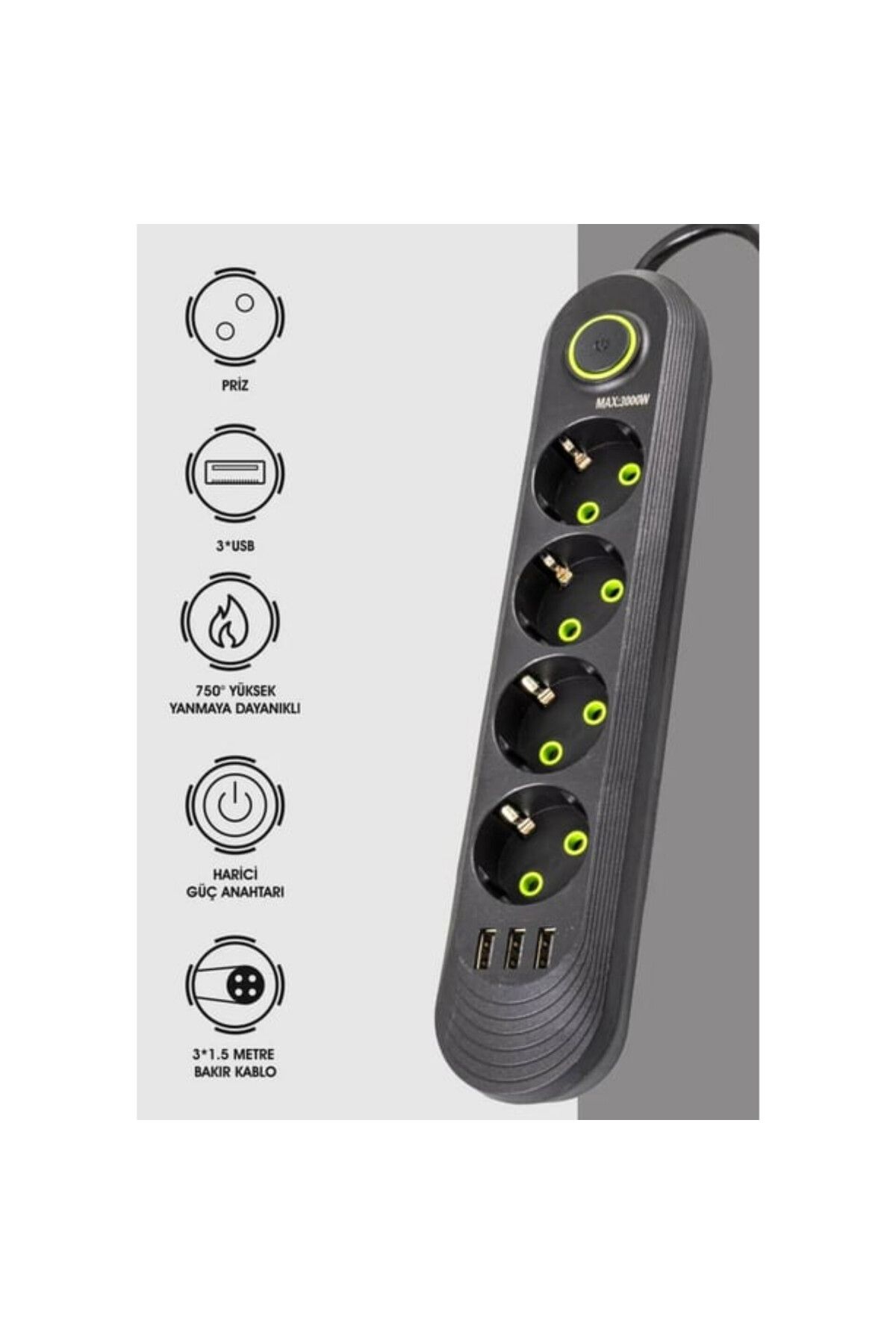 abnturk Anahtarlı 4 Girişli 3 Usb 'lı 1,5 Metre Kablolu Akım Korumalı Priz