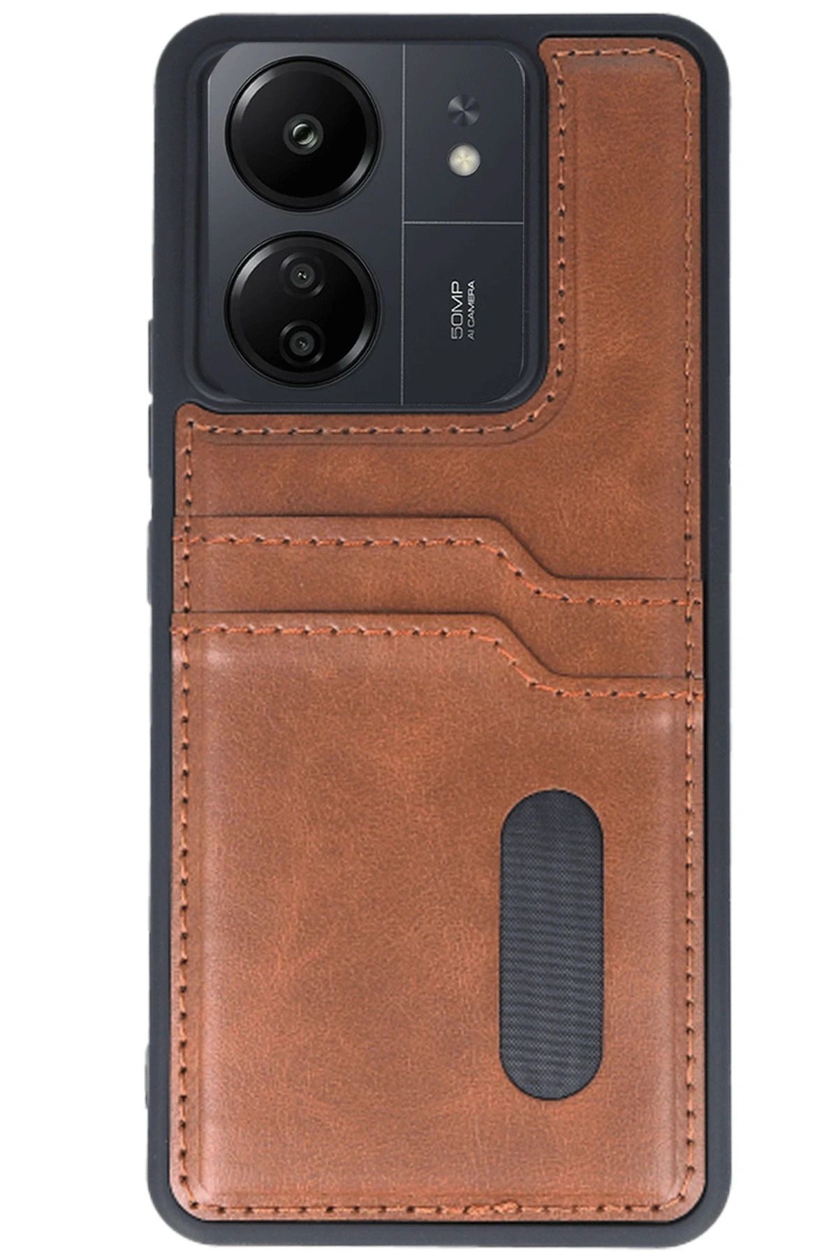 cepmoda Xiaomi REDMİ 13C | SARA Kartlıklı Telefon Kılıfı Lüx Deri Kaplama Arka Kapak | TABA