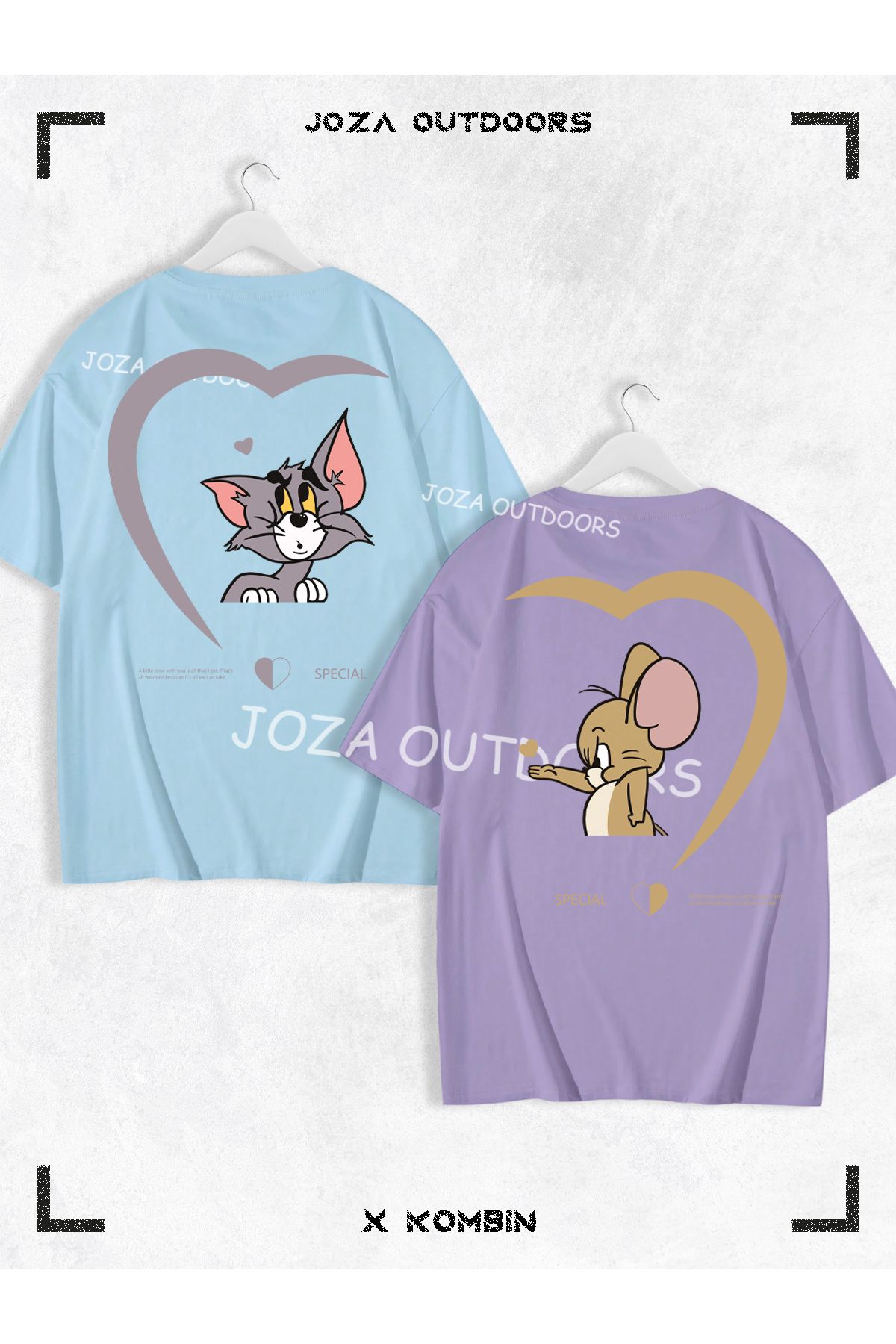 Joza Outdoors Kadın Erkek Kalp Tom ve Jerry SIRT Baskılı Sevgili Çift Kombini Oversize Renkli Tshirt 2'li Takım