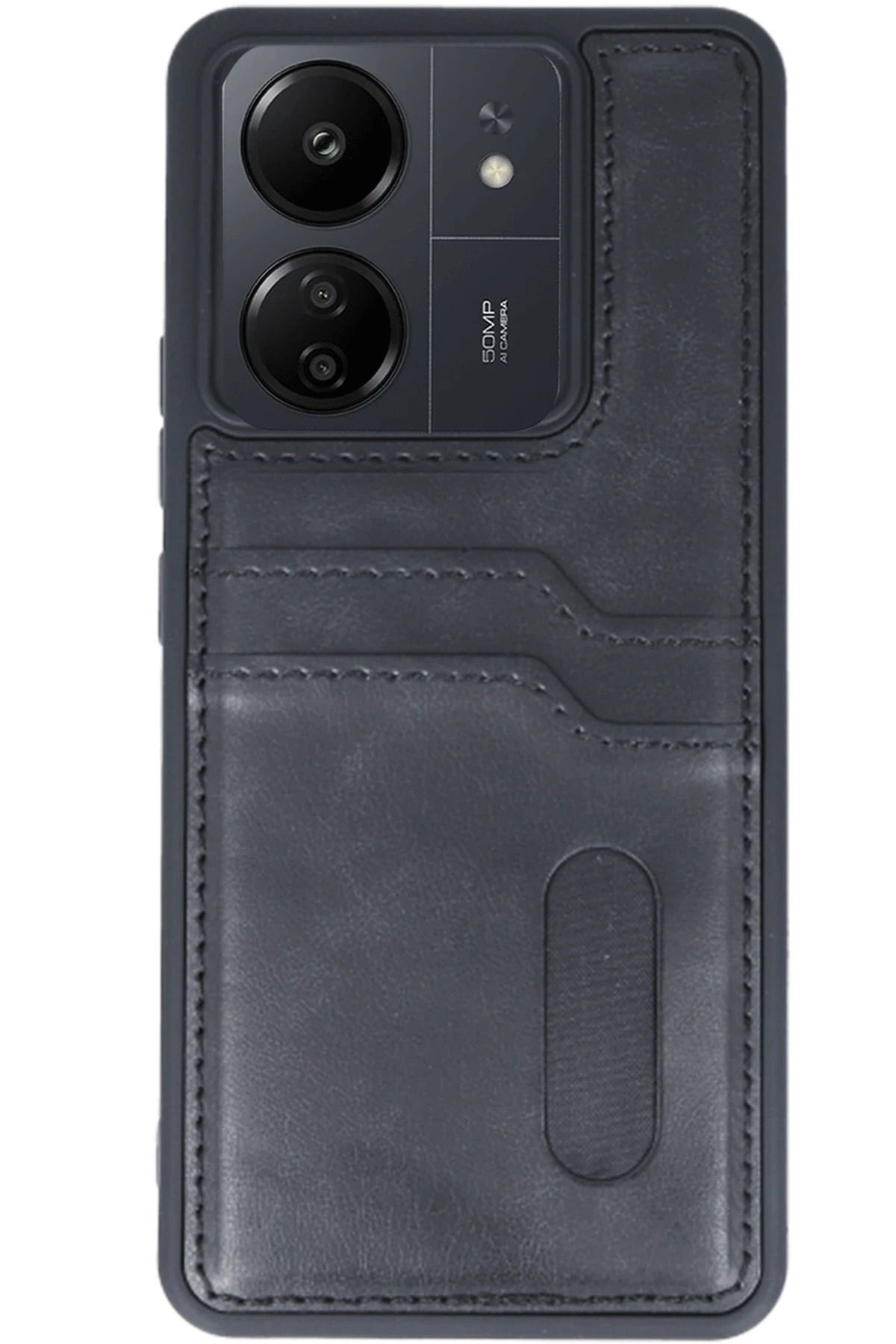 cepmoda Xiaomi REDMİ 13C | SARA Kartlıklı Telefon Kılıfı Lüx Deri Kaplama Arka Kapak | SİYAH