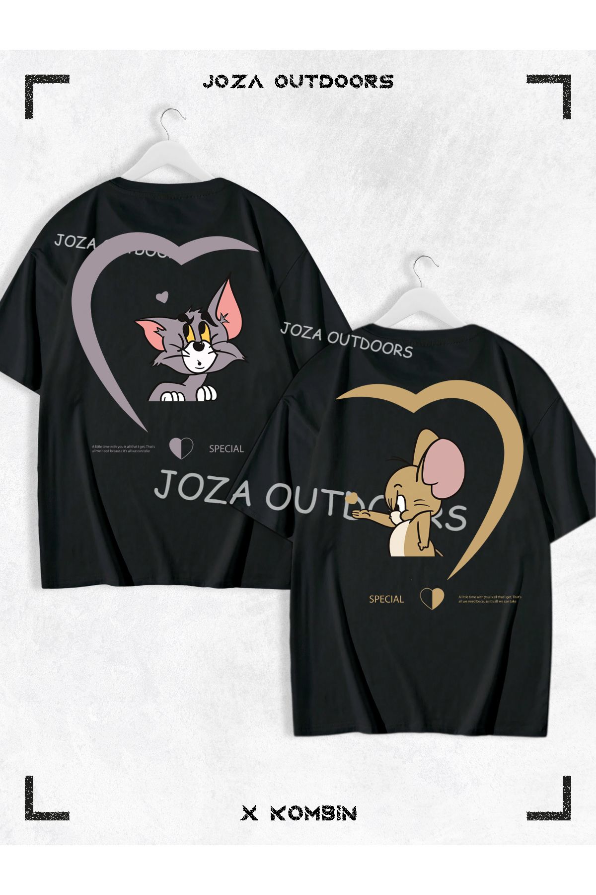 Joza Outdoors Kadın Erkek Kalp Tom ve Jerry SIRT Baskılı Sevgili Çift Kombini Oversize Renkli Tshirt 2'li Takım