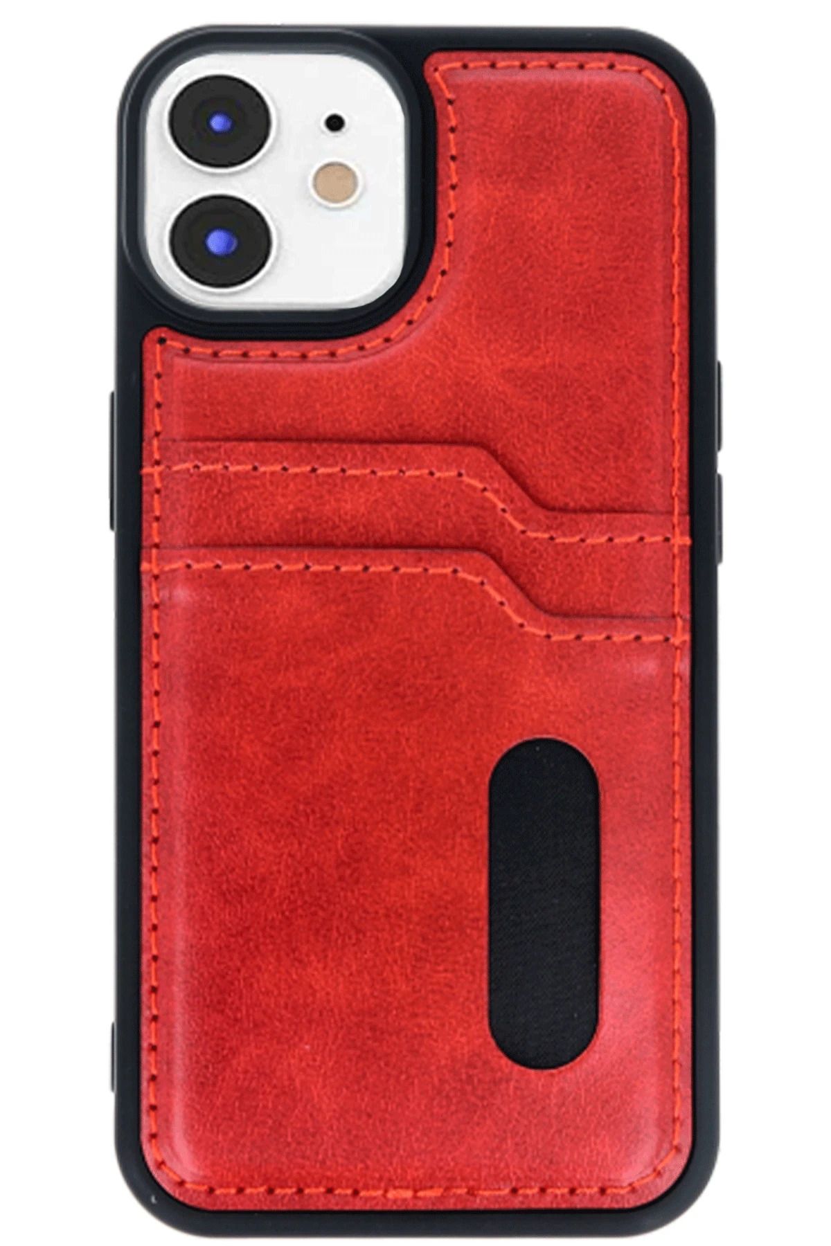 cepmoda iPhonE 11 | SARA Kartlıklı Telefon Kılıfı Lüx Deri Kaplama Arka Kapak | KIRMIZI