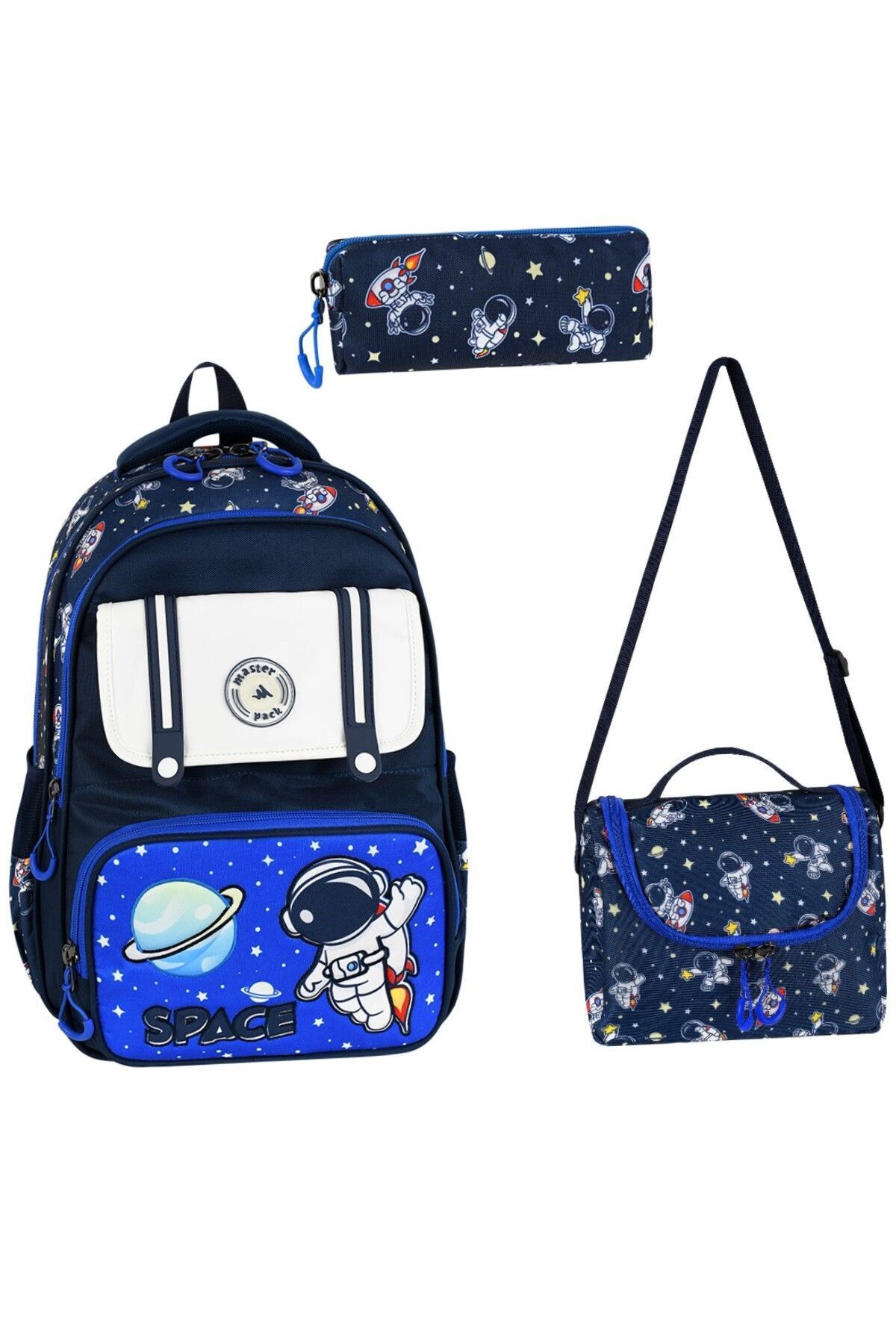 Alanç Gift Kore Tarzı Astronot Desen Erkek Çocuk Ortopedik İlkokul Sırt Çantası Folyolu Beslenme+Kalemlik