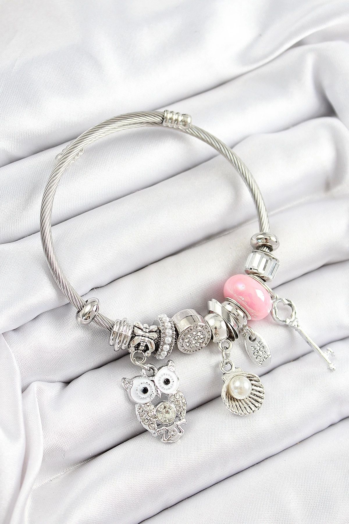 Clariss 316L Çelik Pembe Zirkon Taşlı Baykuş İstiridye Ve Anahtar Model Gümüş Renk Charm Bileklik