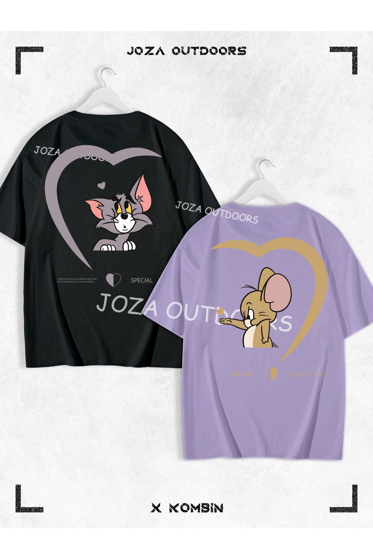 Joza Outdoors Kadın Erkek Kalp Tom ve Jerry SIRT Baskılı Sevgili Çift Kombini Oversize Renkli Tshirt 2'li Takım