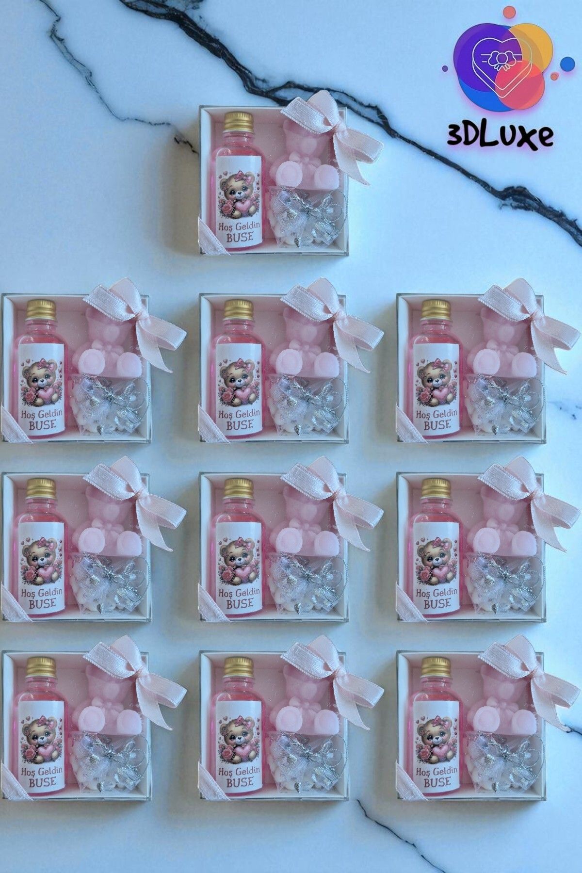 3DLuxeDekor Draje Şeker-Ayıcık Mum-Kolonya Hediyelik 10 ADET (Bebek, Söz, Nişan, Kına, Düğün, Mevlid)