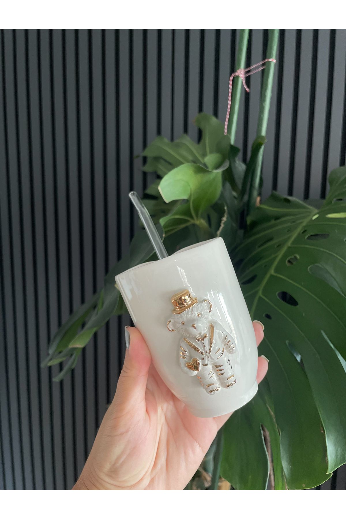 Mugtasarım 24K Altın Yaldızlı El Yapımı Seramik Bay Tedi Soğuk Kahve Fincanı 250 ml