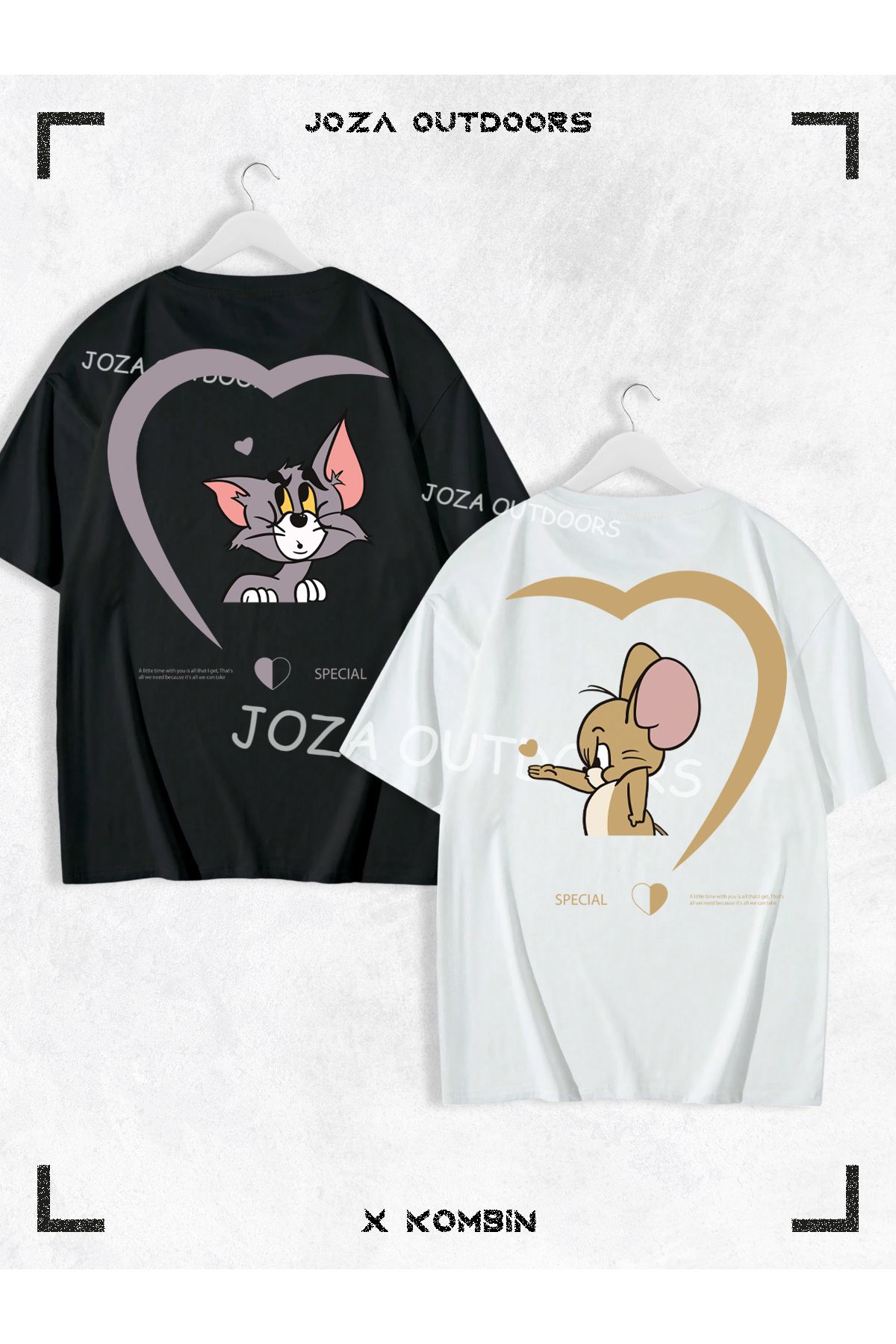 Joza Outdoors Kadın Erkek Kalp Tom ve Jerry SIRT Baskılı Sevgili Çift Kombini Oversize Renkli Tshirt 2'li Takım